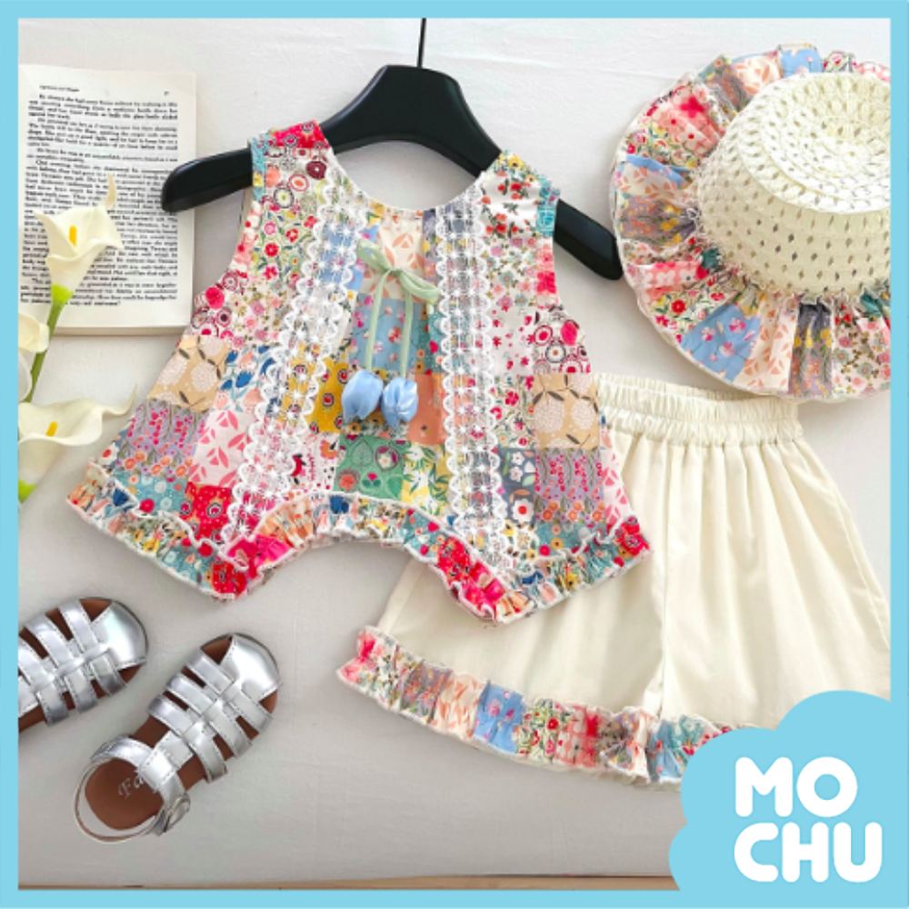 碎花拼布無袖套裝(送帽子)