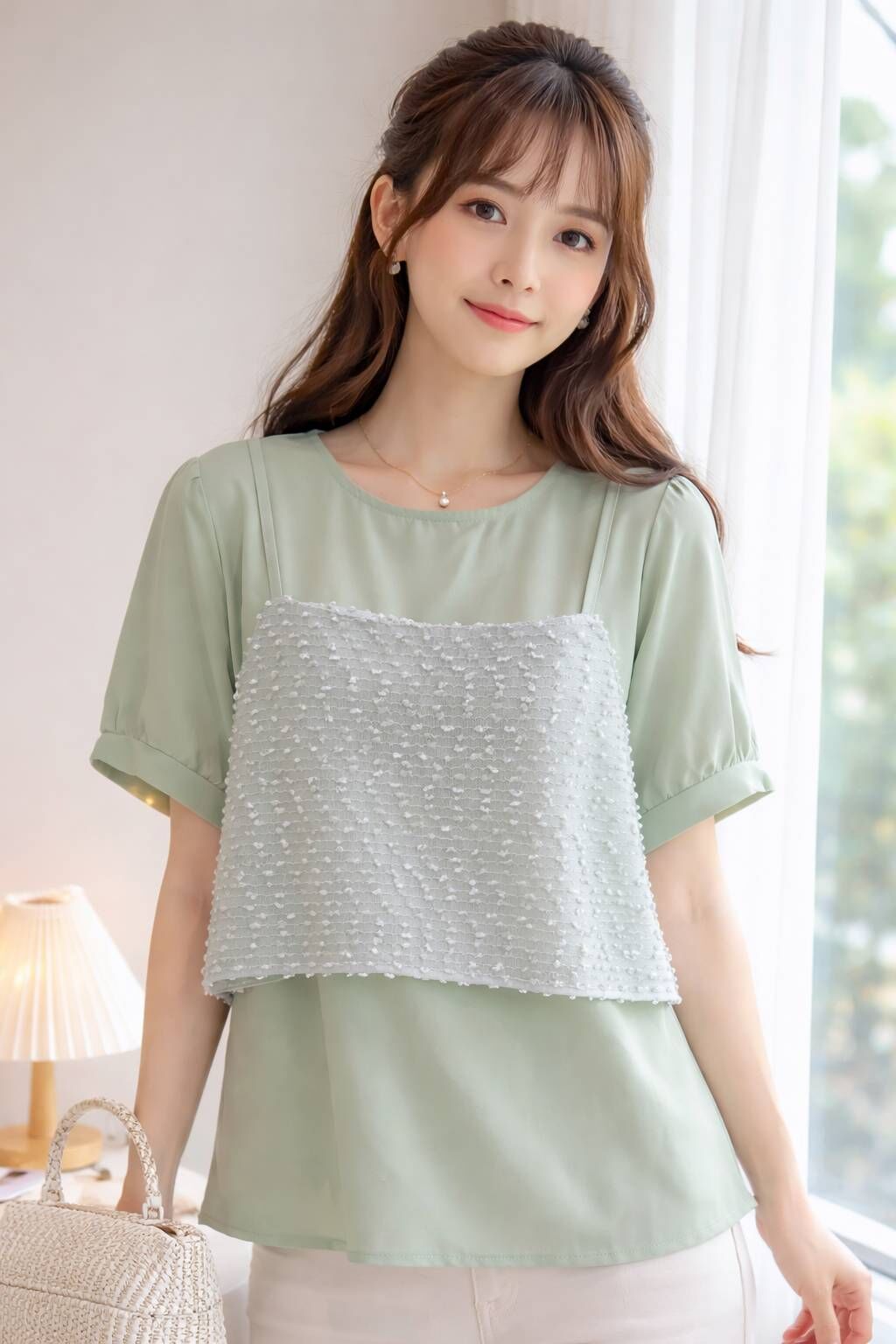 A8240-點點鬚鬚假2件雪紡上衣