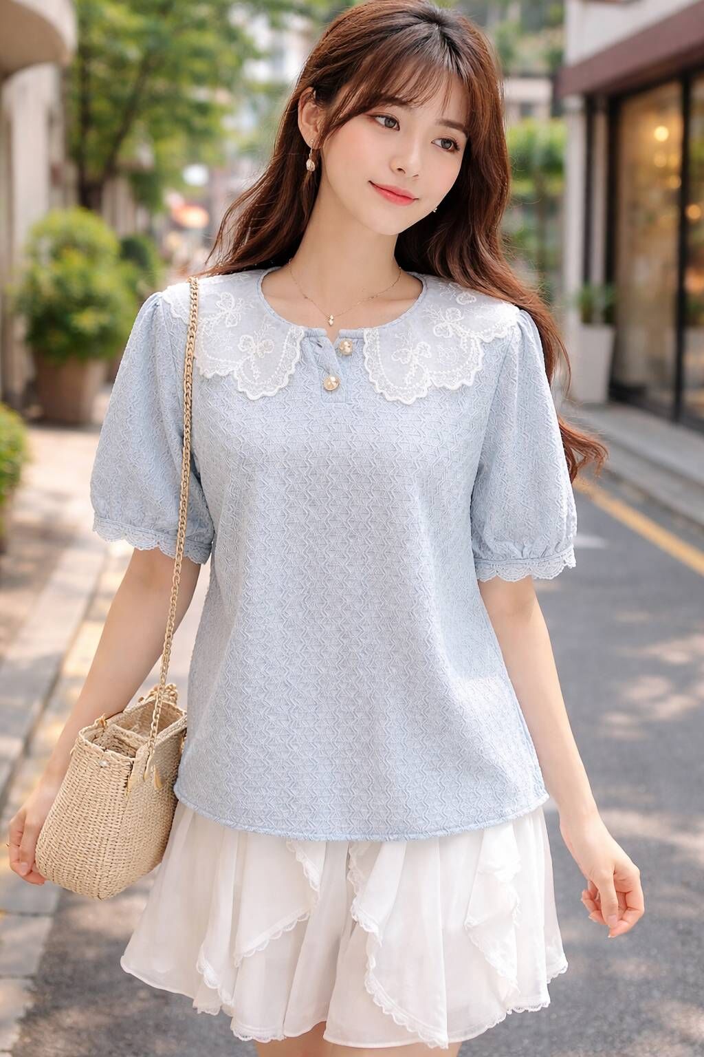 A8147-網紗領波浪壓紋雪紡上衣