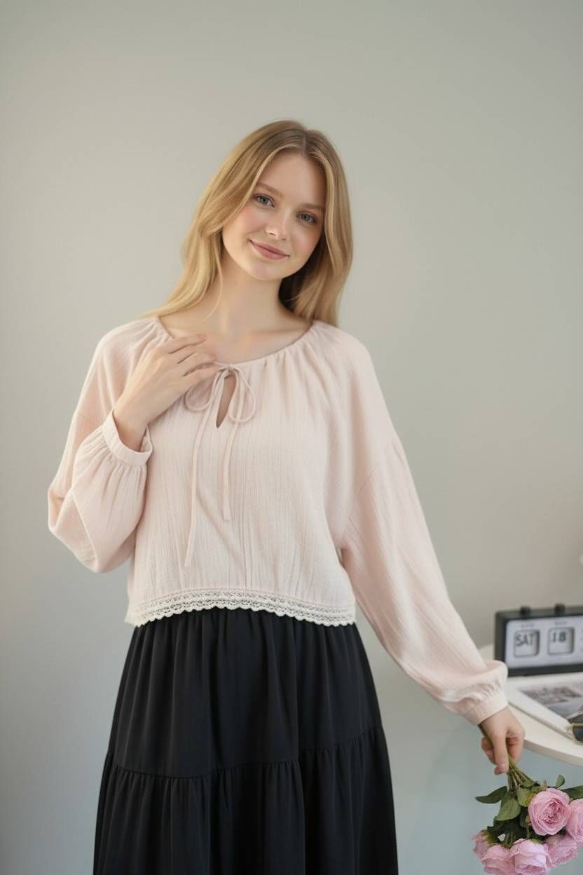 A8004-領抽繩蕾絲擺棉麻上衣