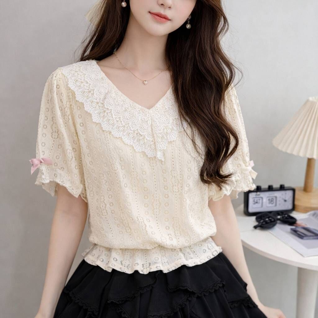 A8256-雙色蝴蝶結立體壓紋上衣