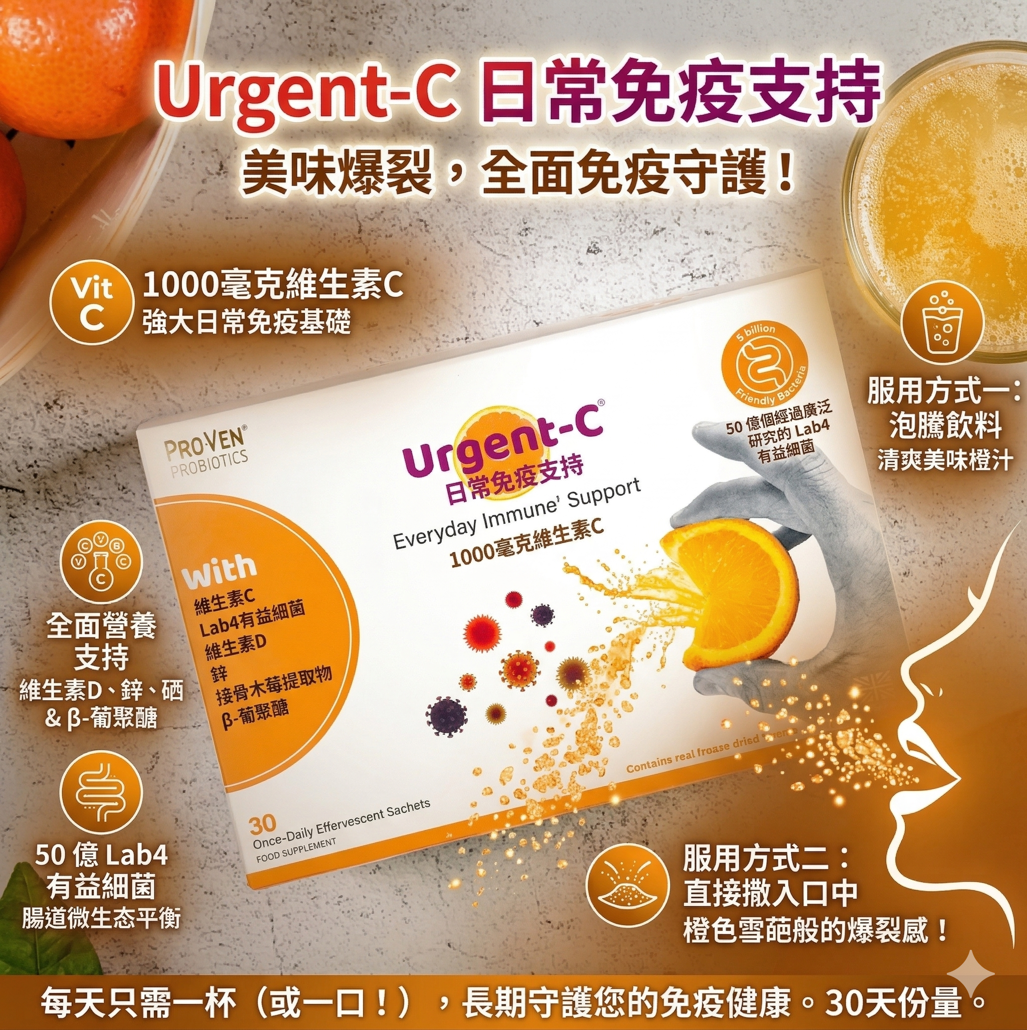 【直播】PRO-VEN LL1031114 iotics Urgent C 日常免疫補充維C益生菌泡騰粉劑(30包裝)