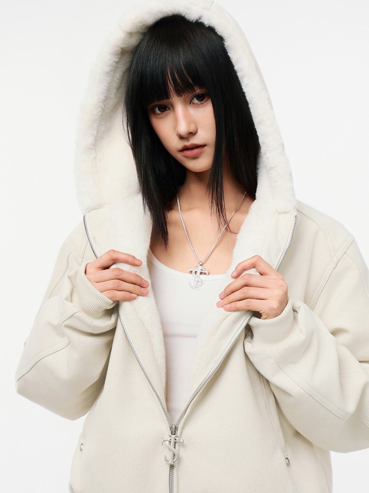 STK SmallTownKid 鉚釘十字 座山雕毛絨 連帽外套