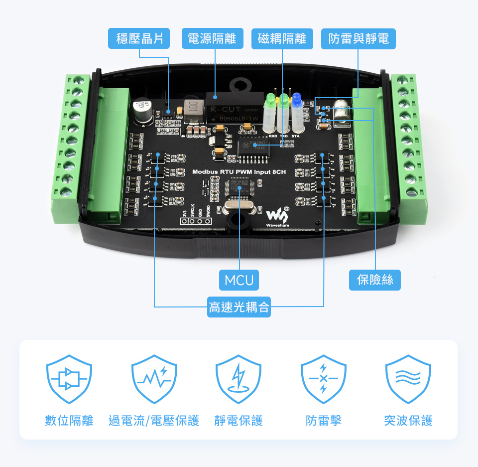 工業級 Modbus RTU 8路 PWM 脈衝輸入模組,工業隔離保護