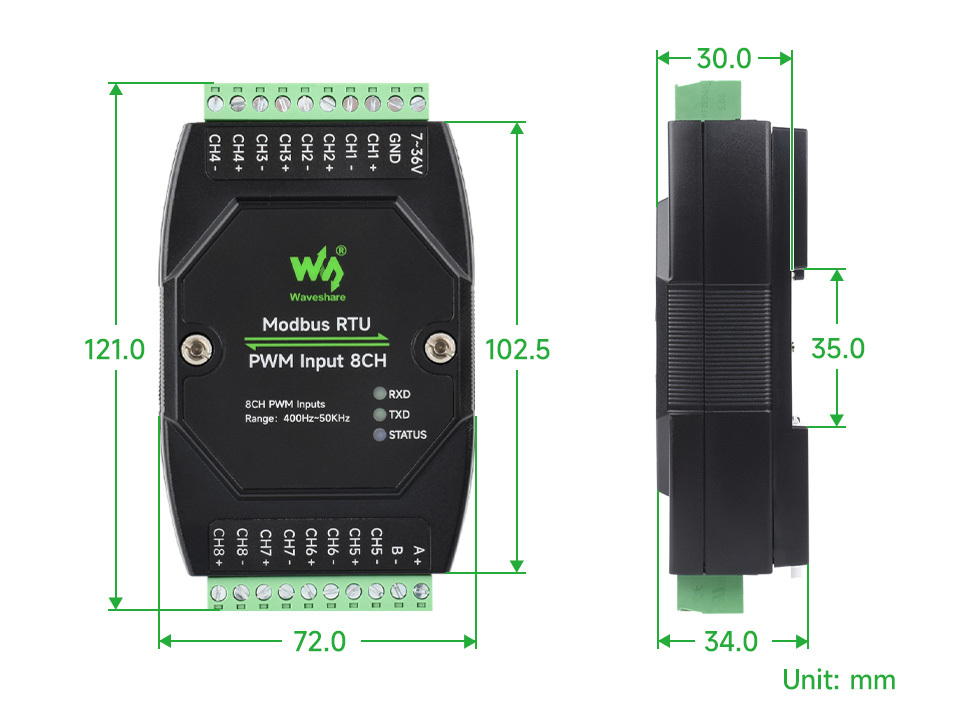 工業級 Modbus RTU 8路 PWM 脈衝輸入模組,尺寸規格