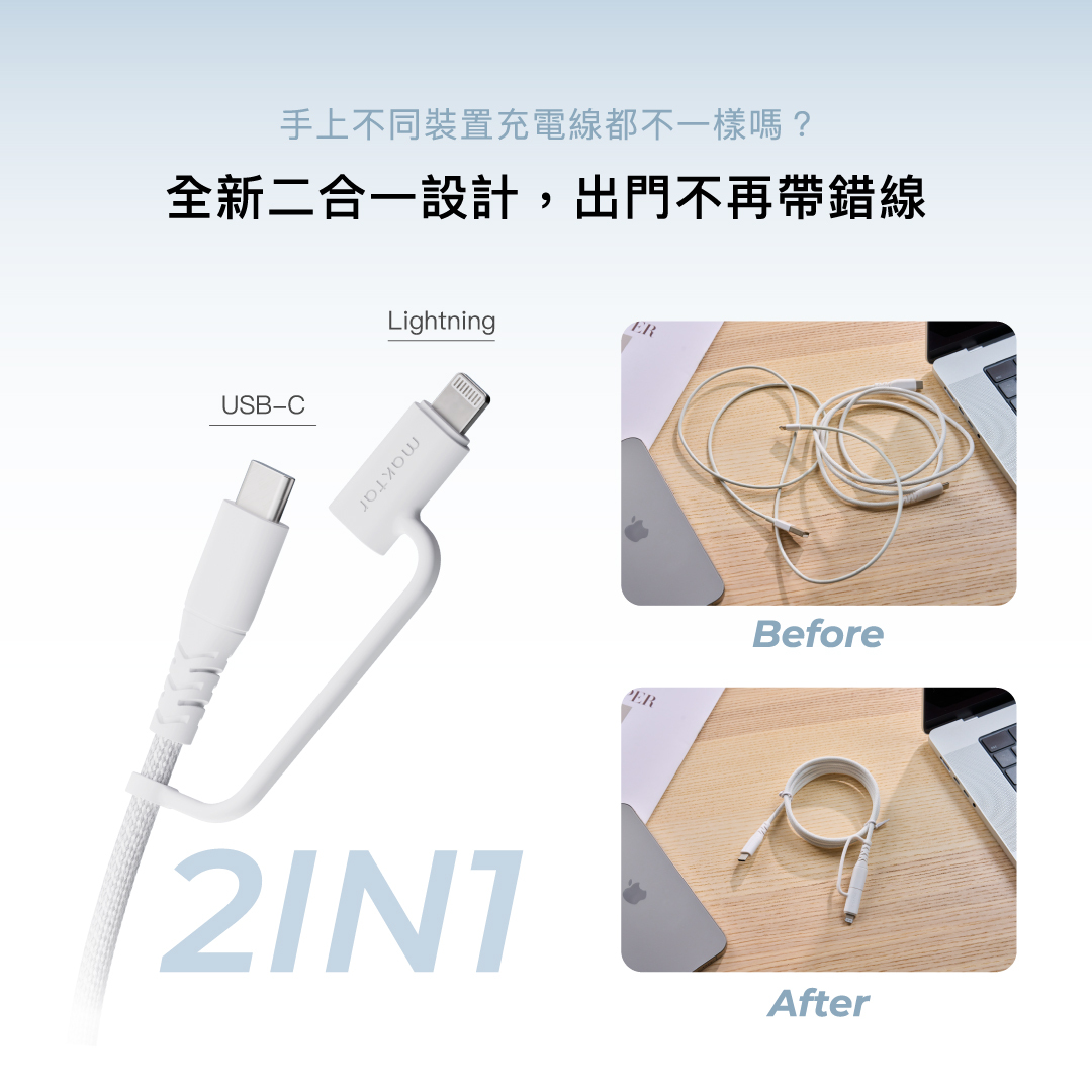 Maktar USB-C to USB-C / Lightning 2合一 編織快充傳輸線 120cm 冰川白