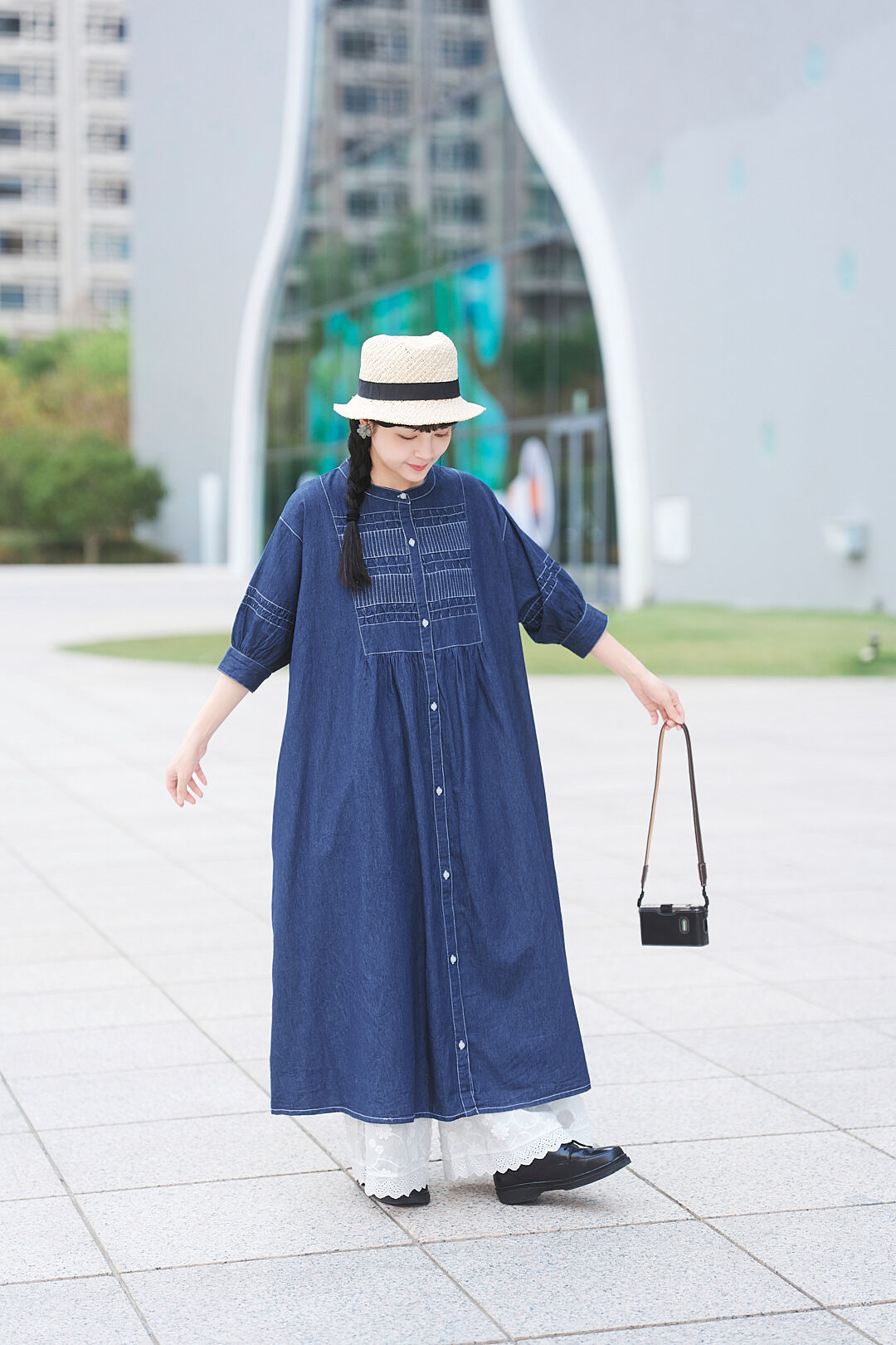 (限量)匠心集！手工縮褶繡丹寧連身裙(兩色-海軍)