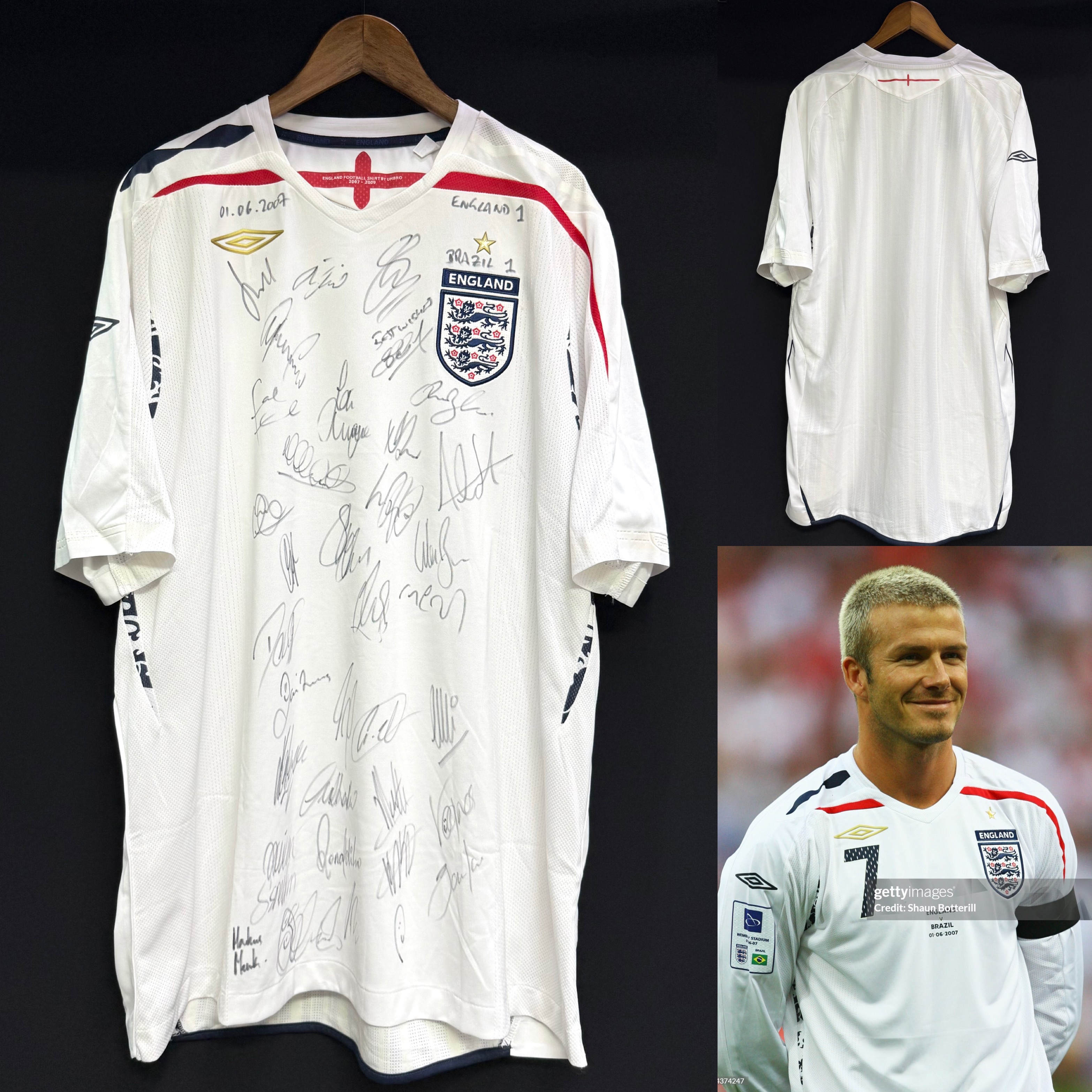 (Both Squad Signed) England 2007 Umbro Home Shirt vs Brazil
