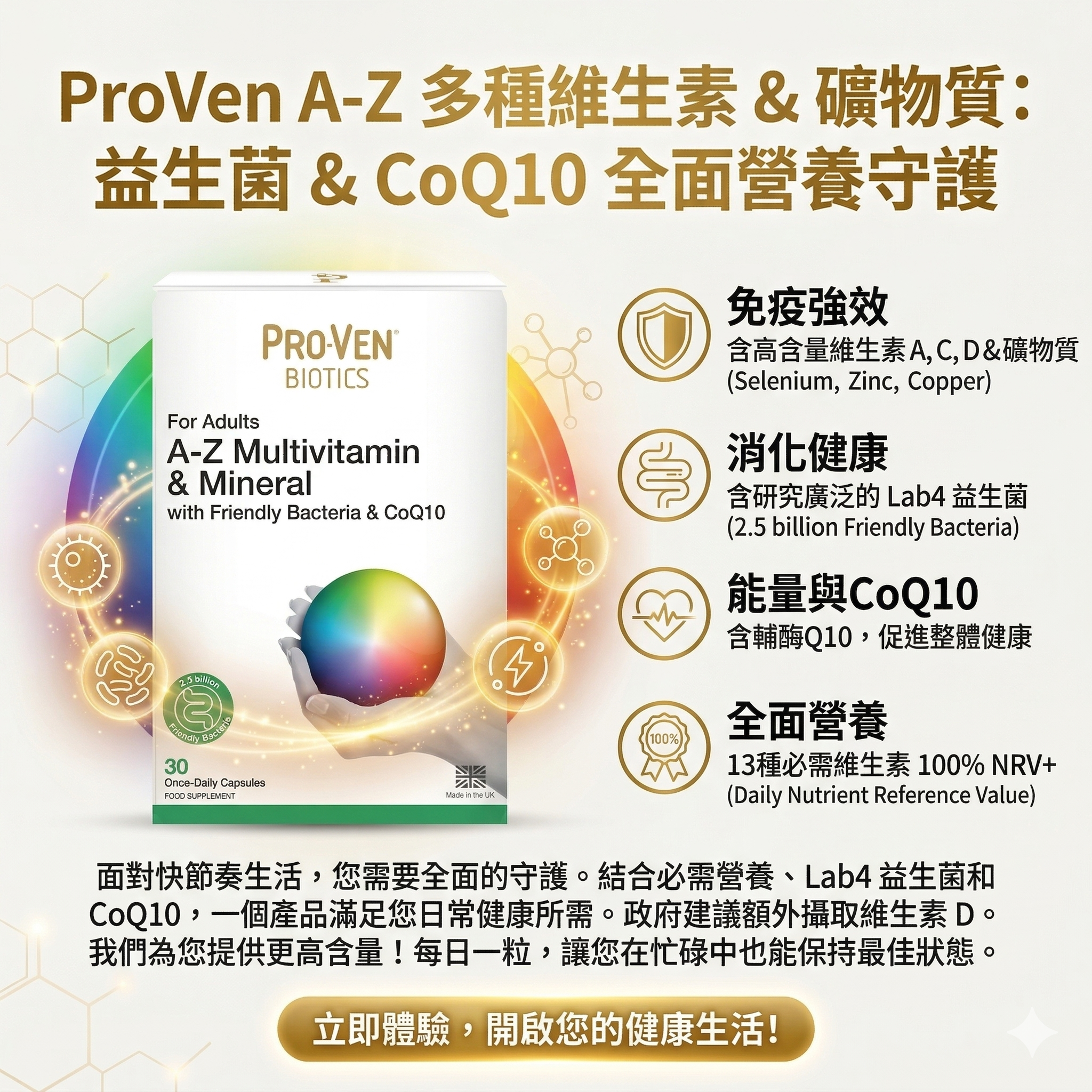【直播】PRO-VEN LL1031110 A-Z Multivitamin & Mineral with Friendly Bacteria & CoQ10 多種維他命+礦物質營養+輔酶補充劑 (30粒)