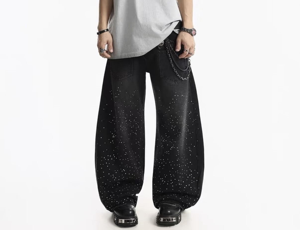 美式復古設計感燙鑽做舊廓形牛仔褲