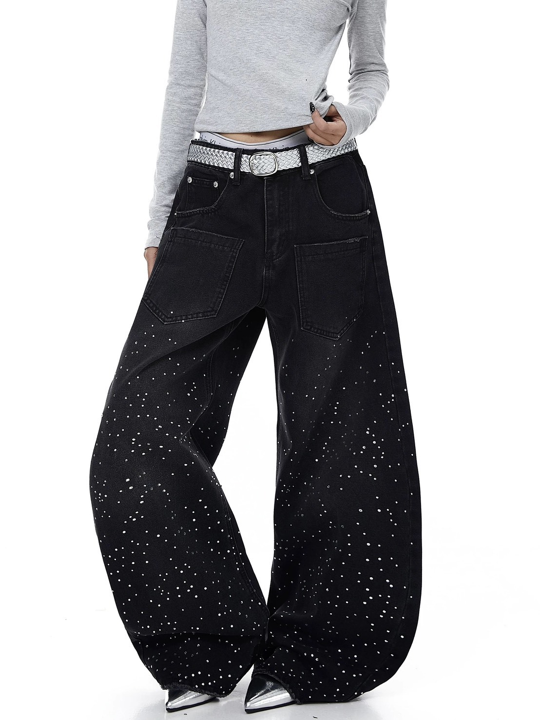 美式復古設計感燙鑽做舊廓形牛仔褲