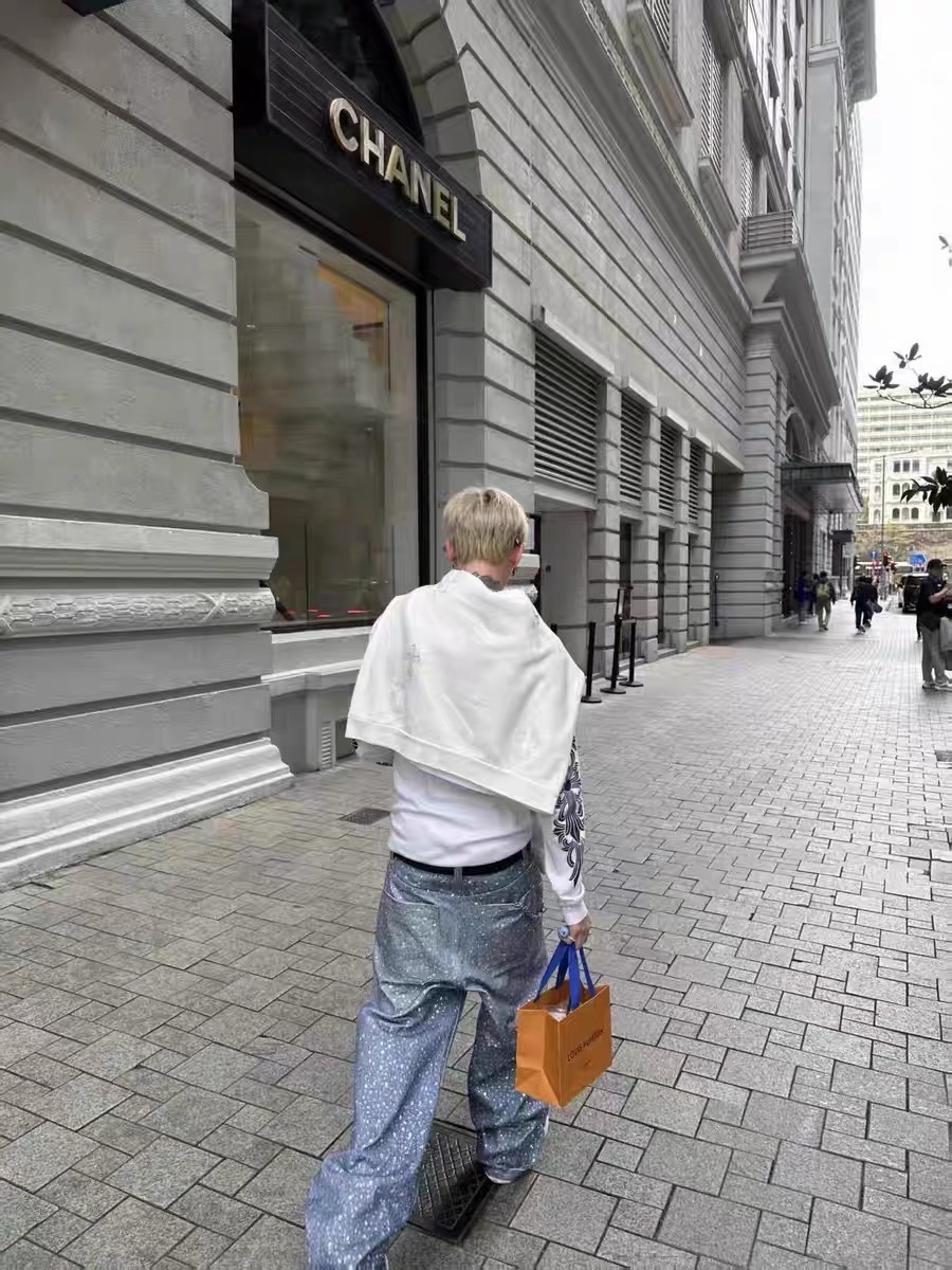 復古做舊滿天星燙鑽重磅寬松直筒牛仔褲