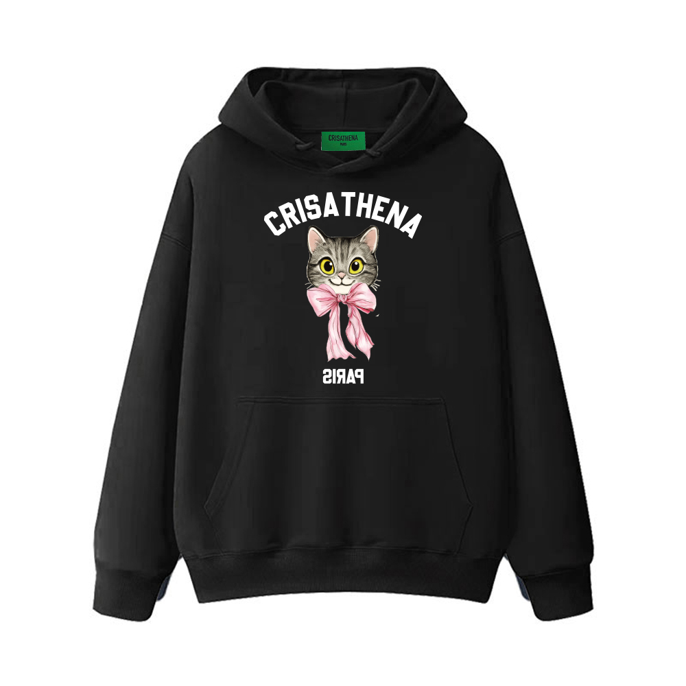 0324CA21-CRTNA-Crisathena 貓咪連帽圍衣 黑色紅字/ 黑色白字/ 淺灰色/ 米白色/ 橄欖綠/ 粉紅色/ 白色, S-M/ L-XL/ (A21)