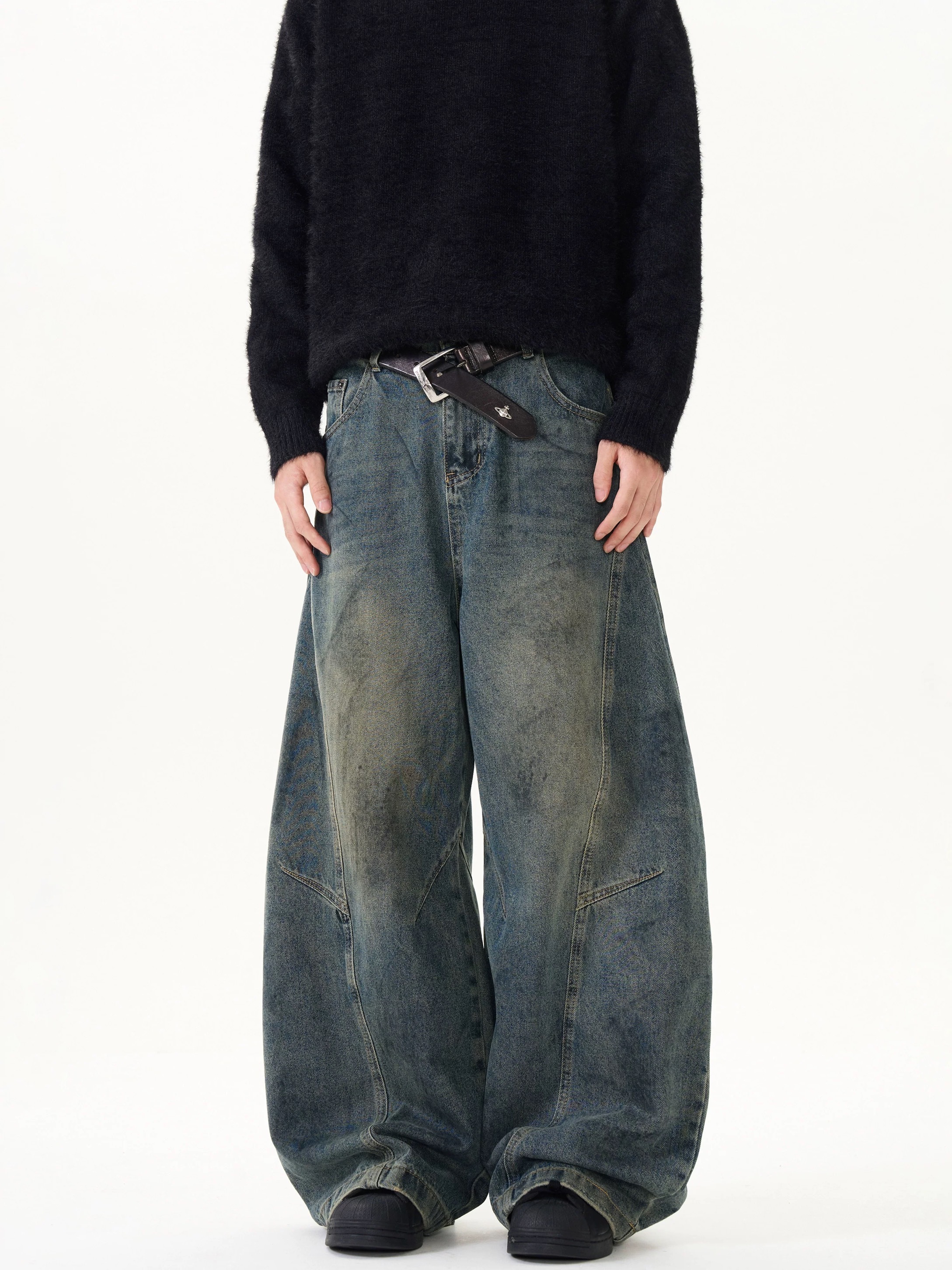 - SIMPLEACTION - 美式復古做舊baggy彎刀牛仔褲