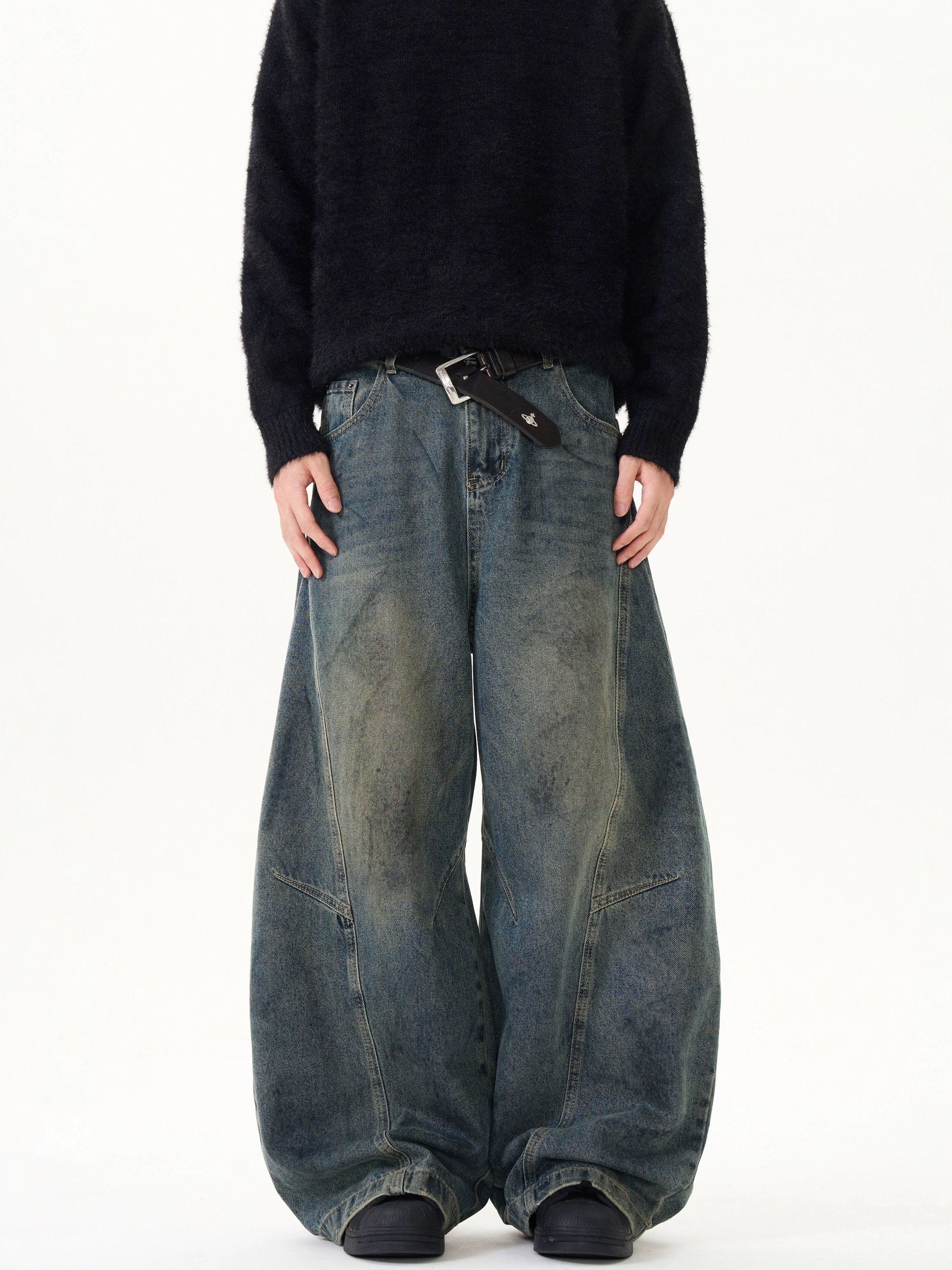 - SIMPLEACTION - 美式復古做舊baggy彎刀牛仔褲