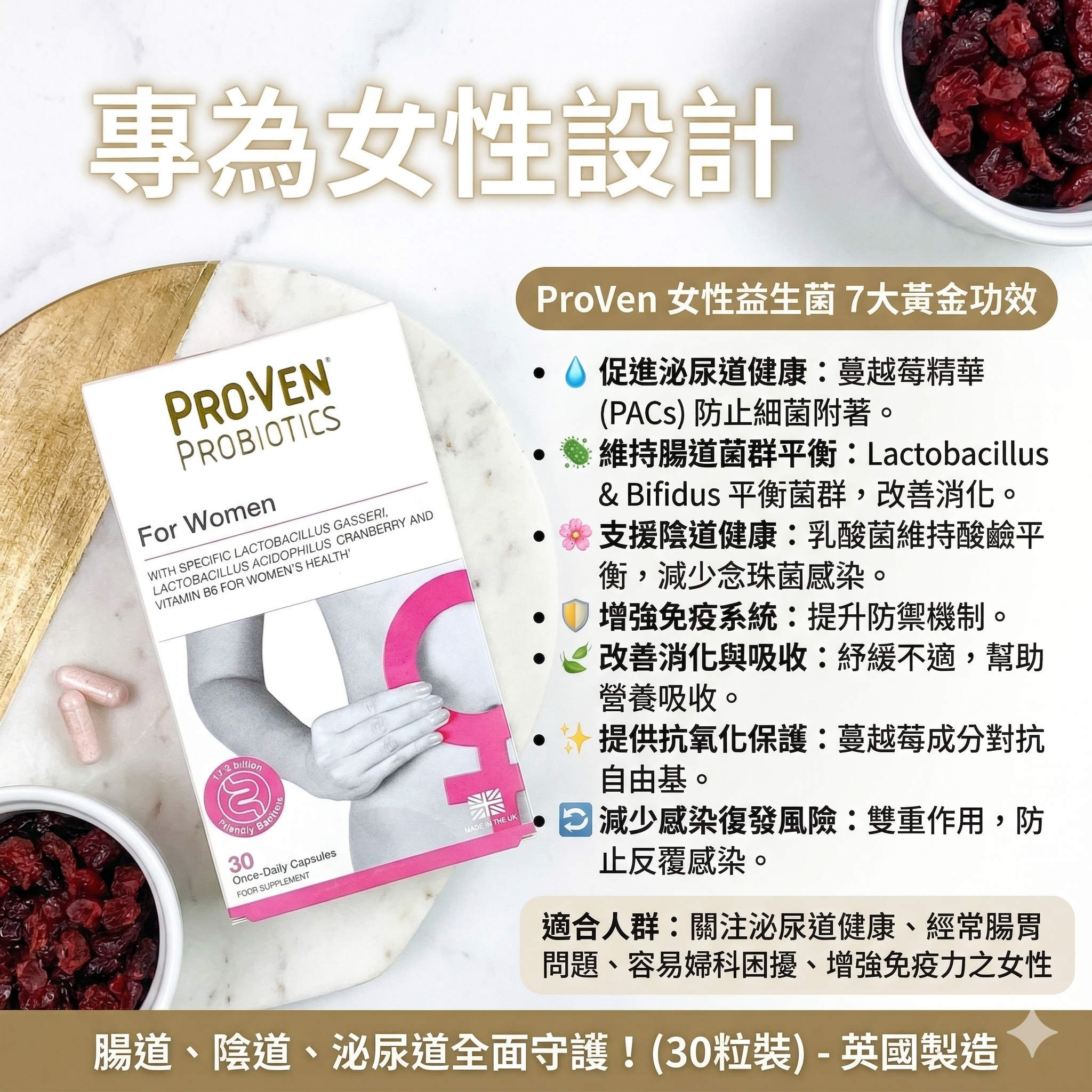【直播】PRO-VEN LL1031106 蔓越莓益生菌膠囊 (30粒)