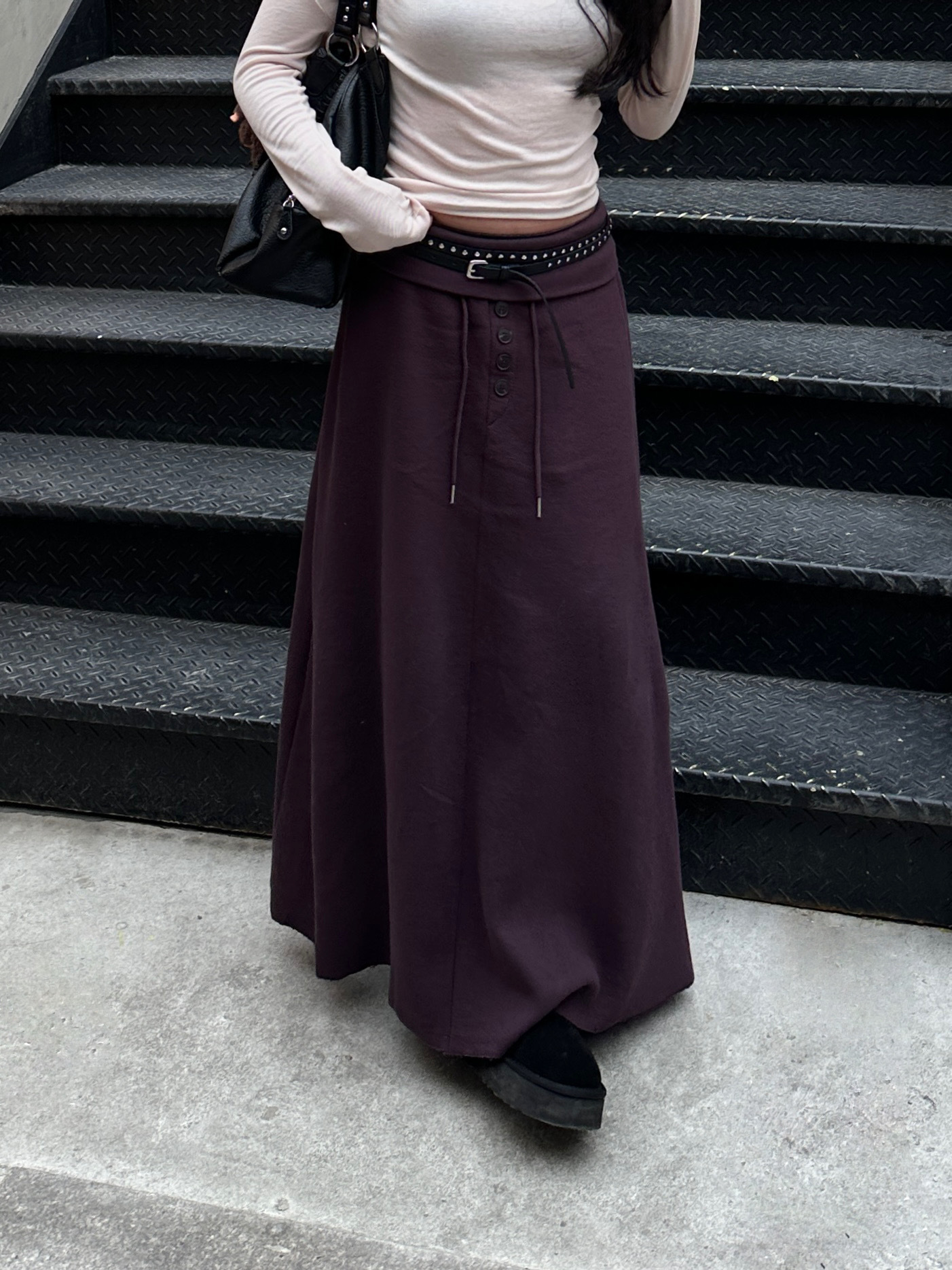 N21 反摺釦造型棉長裙 (酒紅)