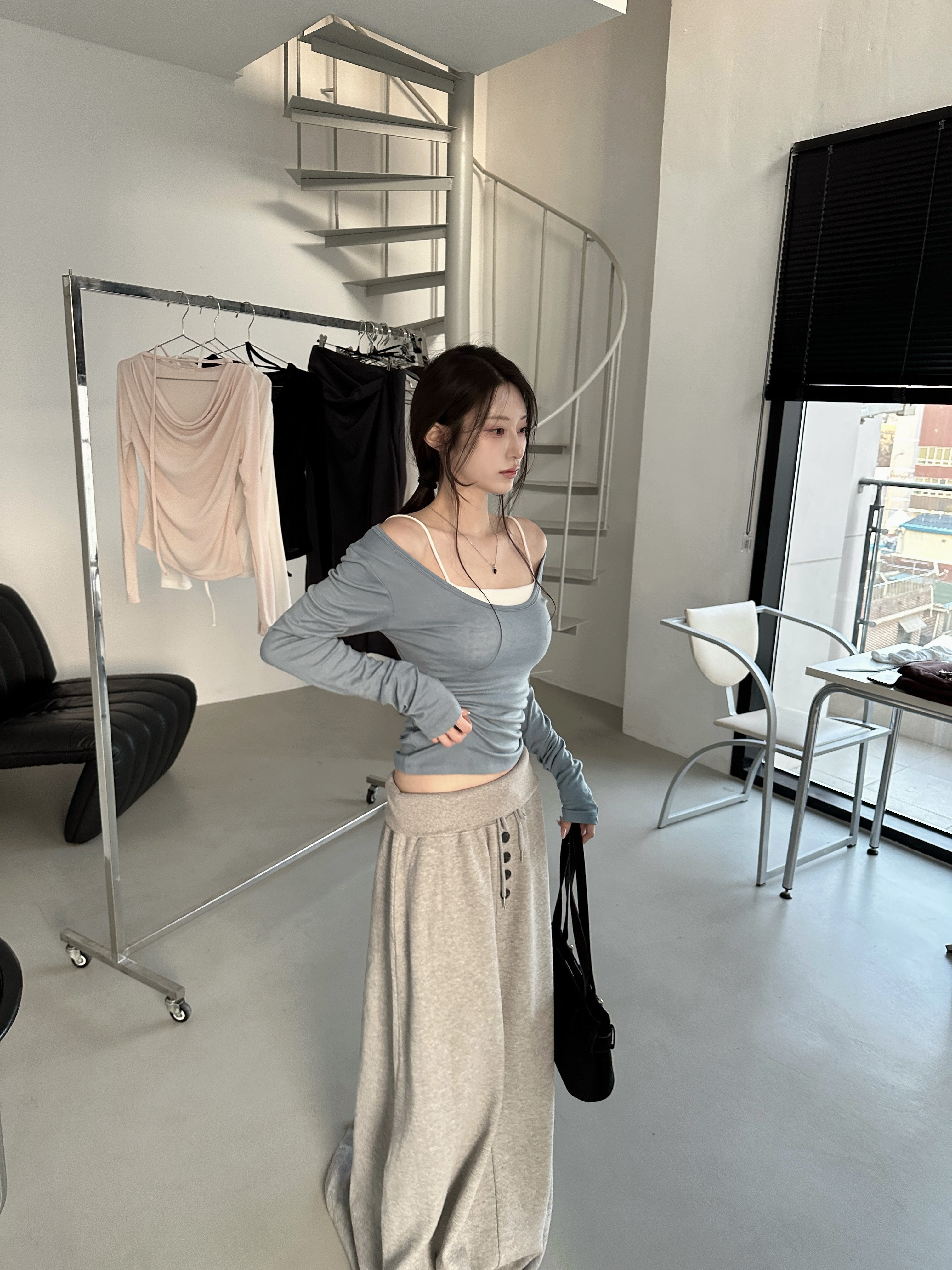 N21 反摺釦造型棉長裙 (灰)