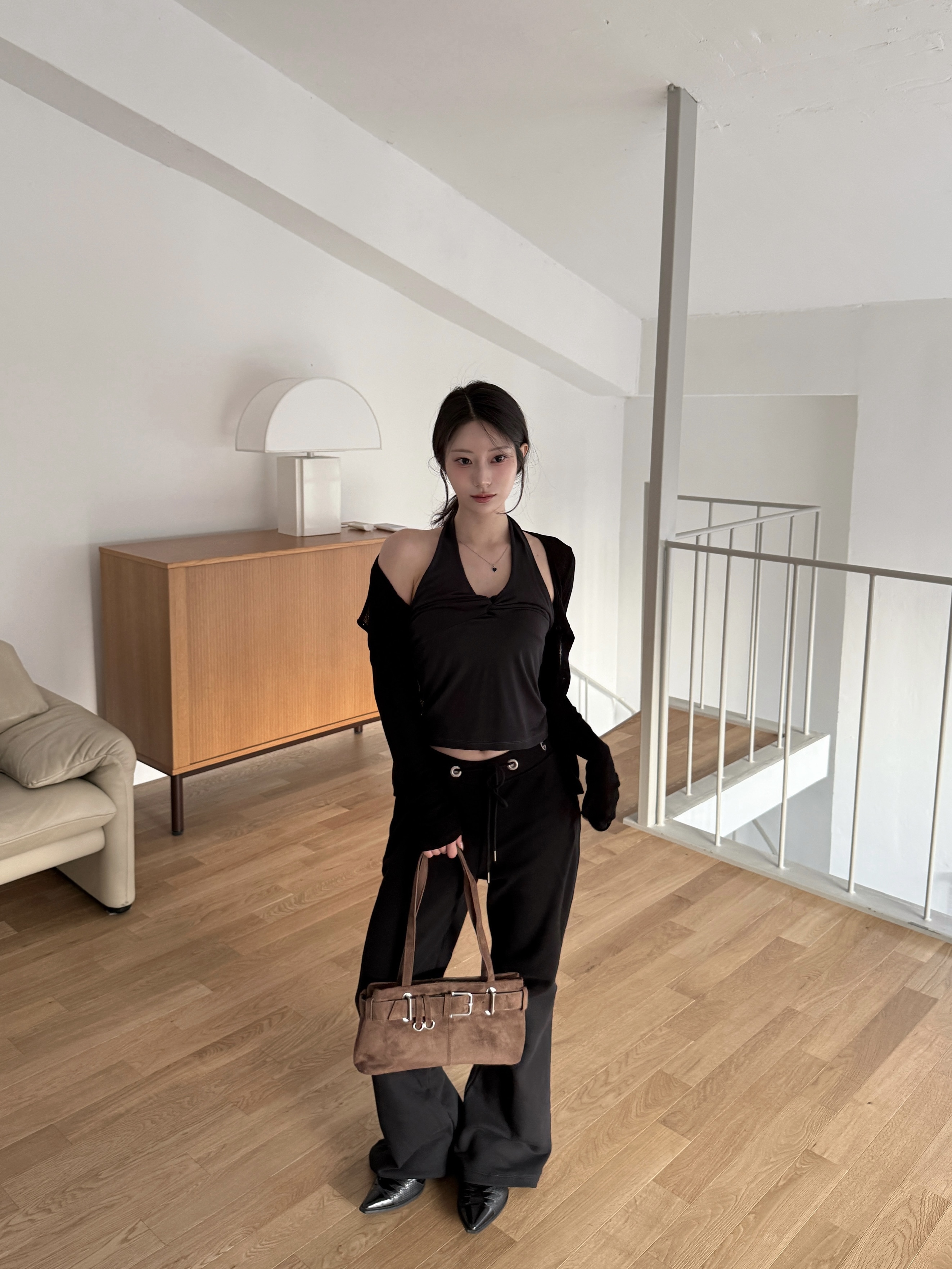 N25 銀圈低腰修身棉褲 (黑)