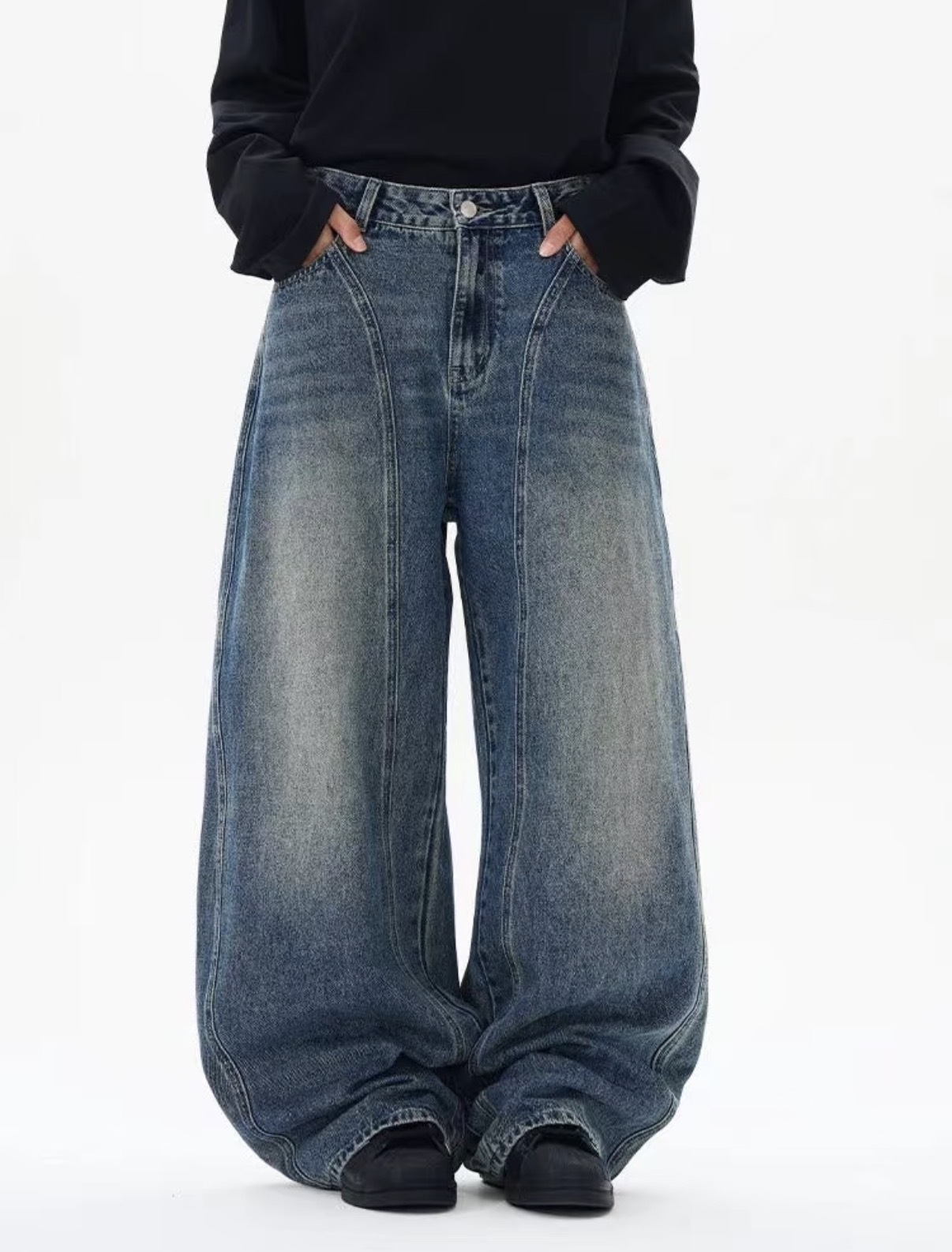 美式復古水洗做舊廓形彎刀牛仔褲