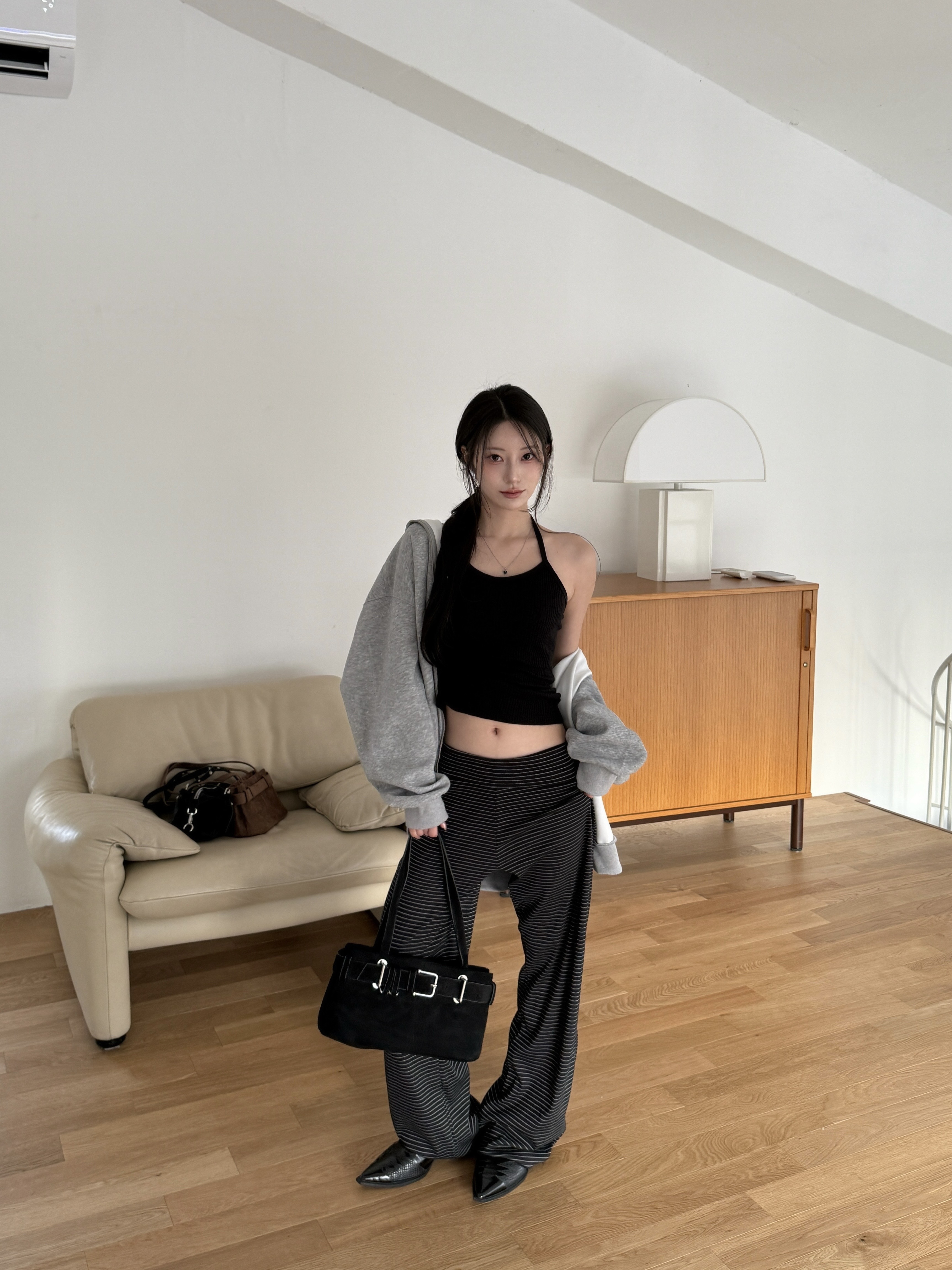 N24 Lazy room垂墜滿分條紋棉褲 (黑)