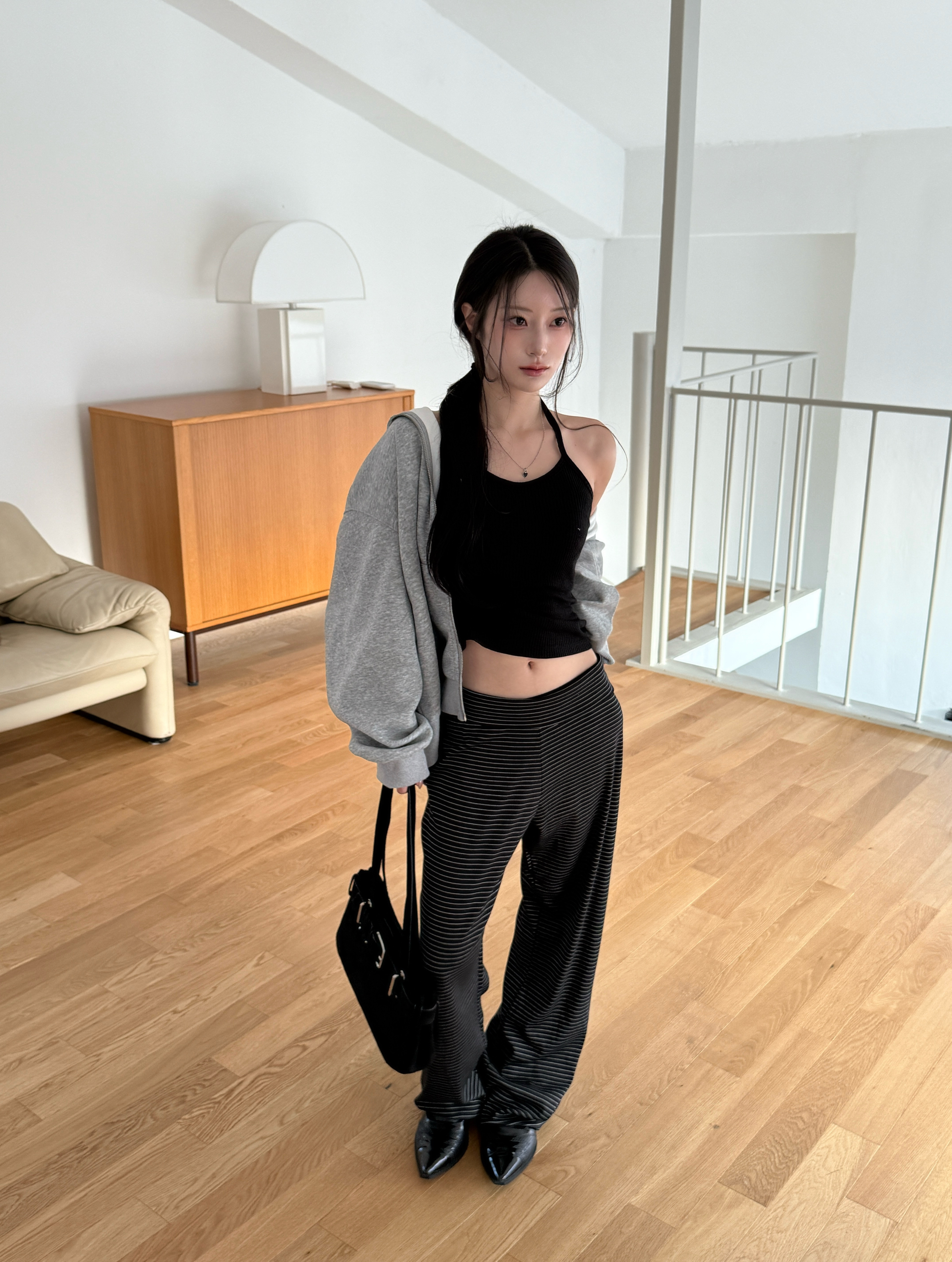 N24 Lazy room垂墜滿分條紋棉褲 (黑)