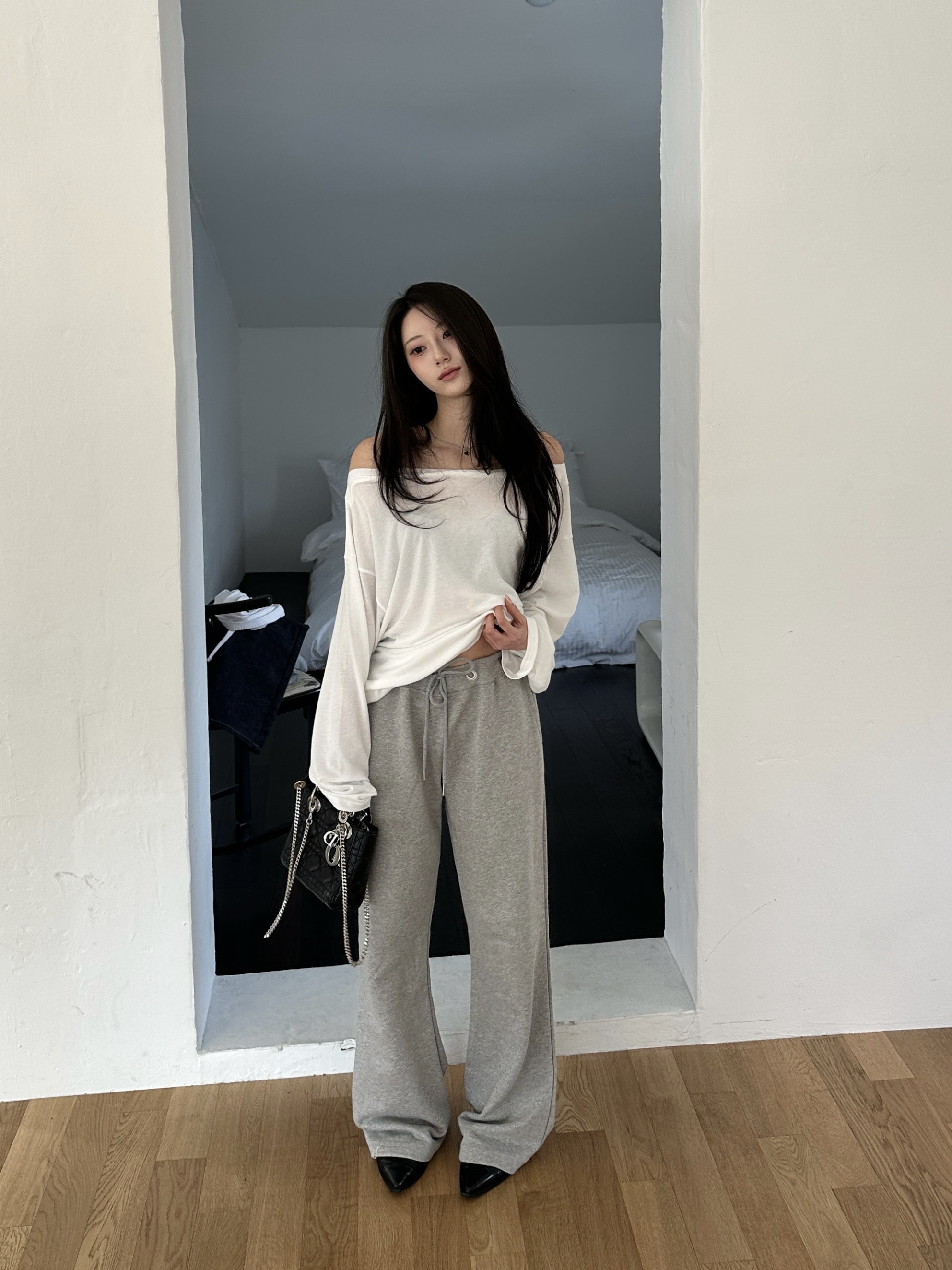 N25 銀圈低腰修身棉褲 (灰)