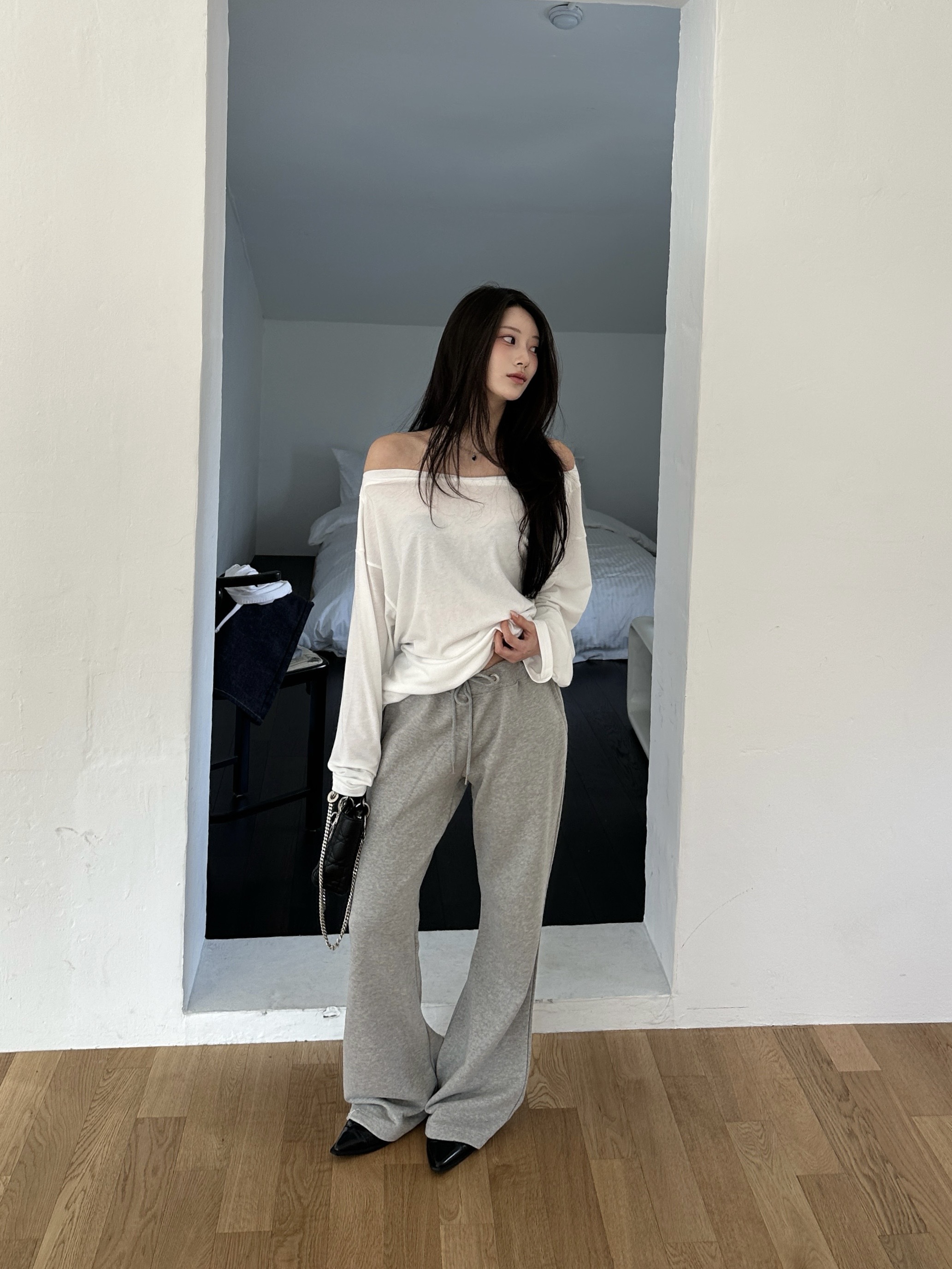 N25 銀圈低腰修身棉褲 (灰)