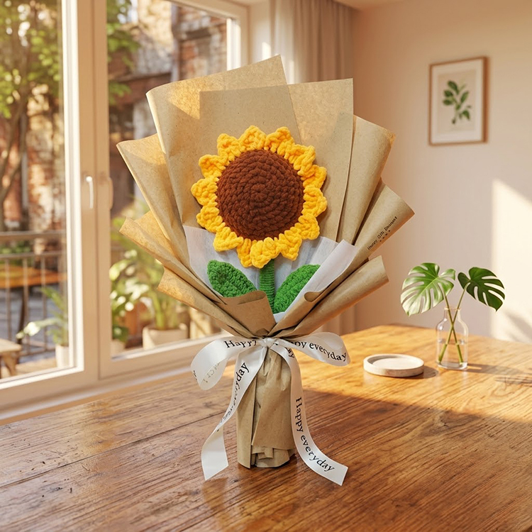 牛皮色包裝手作巨型編織向日葵花束,陽光白窗白桌上