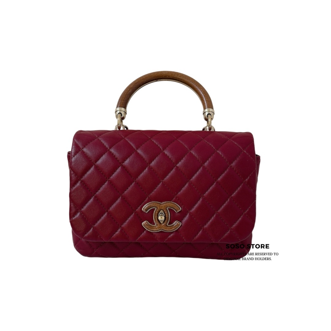 Chanel Flap Bag with Wood Handle - Red / GHW
