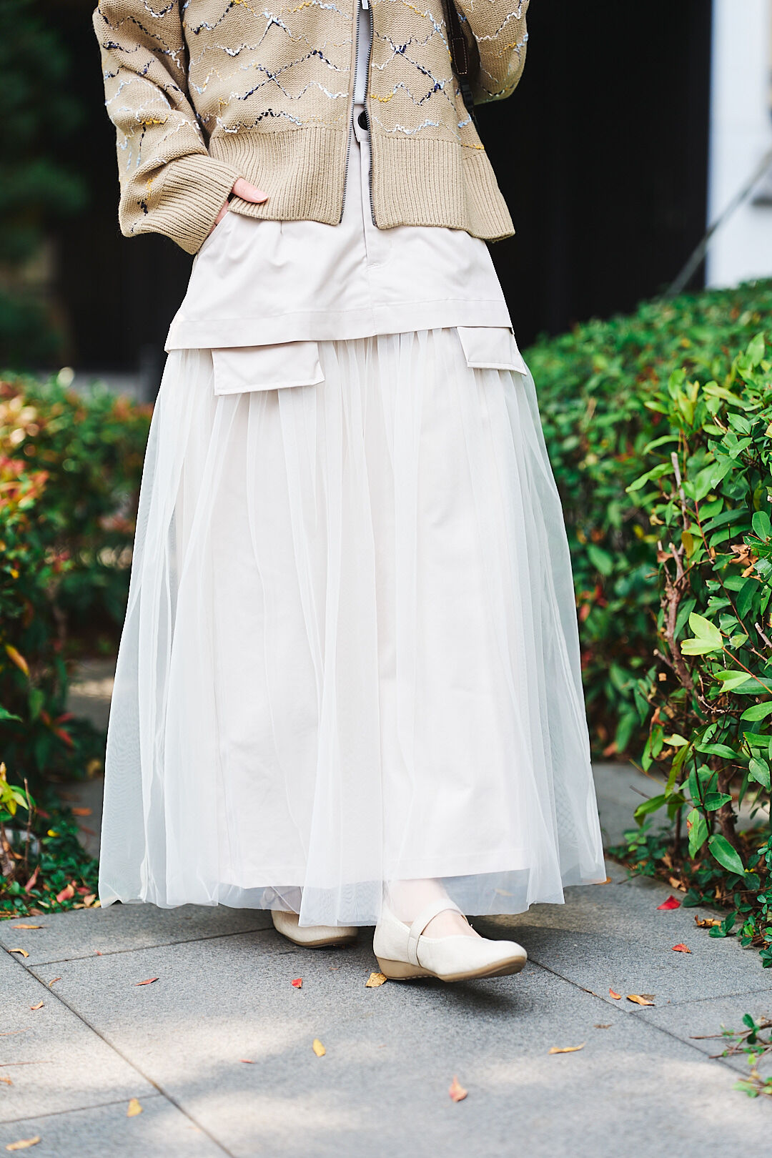 不落幕！2way斜紋布拼接網紗裙(兩色-象牙白)