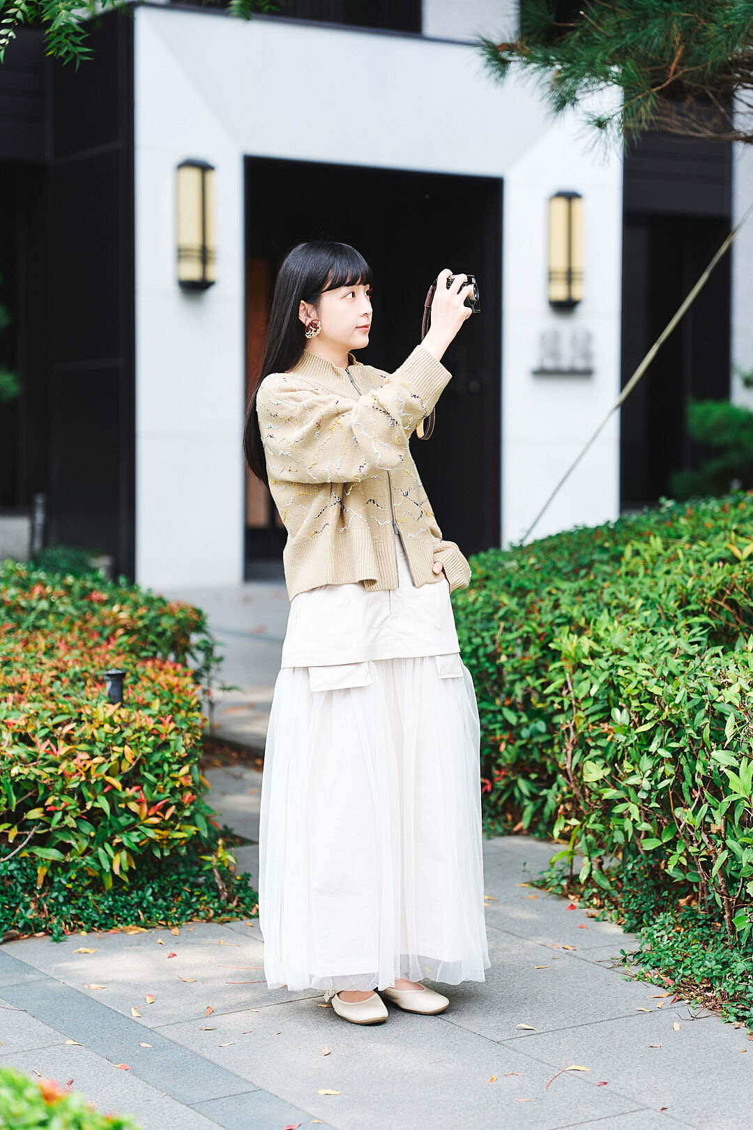 不落幕！2way斜紋布拼接網紗裙(兩色-象牙白)