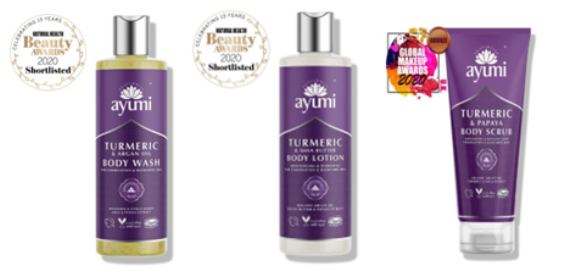 UK260320-A3-Ayumi Turmeric & Argan Oil Body Wash 薑黃摩洛哥油沐浴露 250ml+Ayumi Turmeric & Shea Butter Body Lotion 薑黃乳木果油潤膚霜 250ml+Ayumi Turmeric & Papaya Body Scrub 薑黃木瓜身體磨砂霜 200ml-(未開封至 12/2029)(已開封12個月內使用)