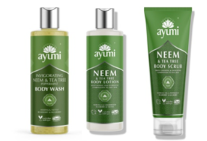 UK260320-A8-Ayumi Invigorating Neem & Tea Tree Peppermint Body Wash 印楝與茶樹油薄荷沐浴露 250ml+Ayumi Neem & Tea Tree Body Lotion 印楝與茶樹油潤膚霜 250ml+Ayumi Neem & Tea Tree Body Scrub 印楝與茶樹油身體磨砂膏 200ml-(未開封至 12/2029)(已開封12個月內使用)