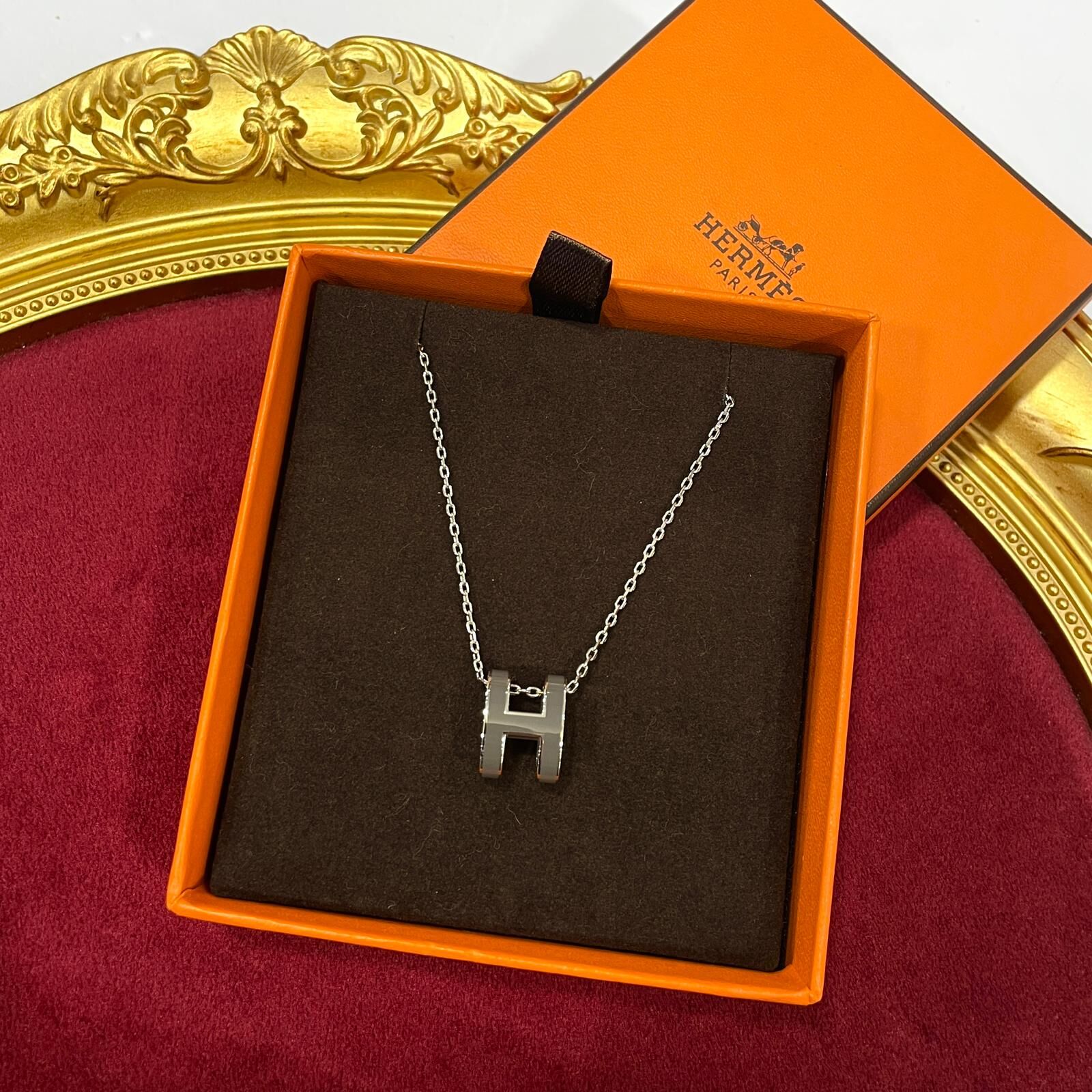 全新HERMES Necklace 大Pop H  (深灰色 x銀鏈) ,愛馬士頸鏈 #BRAND NEW #香榭站正品