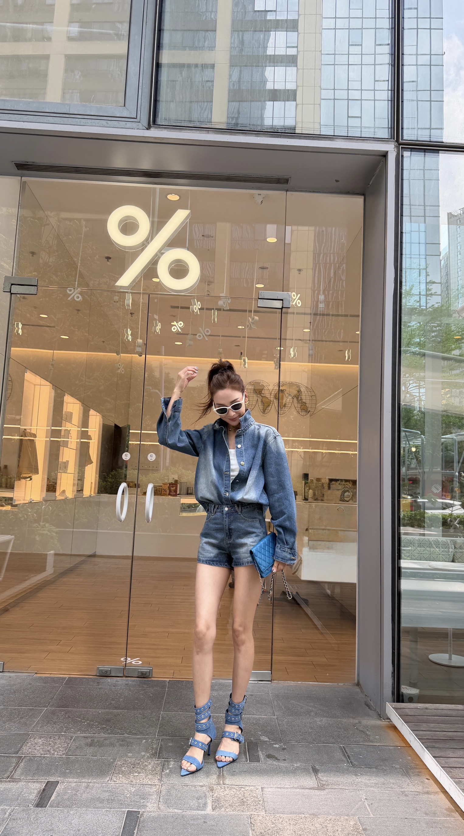 刷原色牛仔襯衫短褲套裝