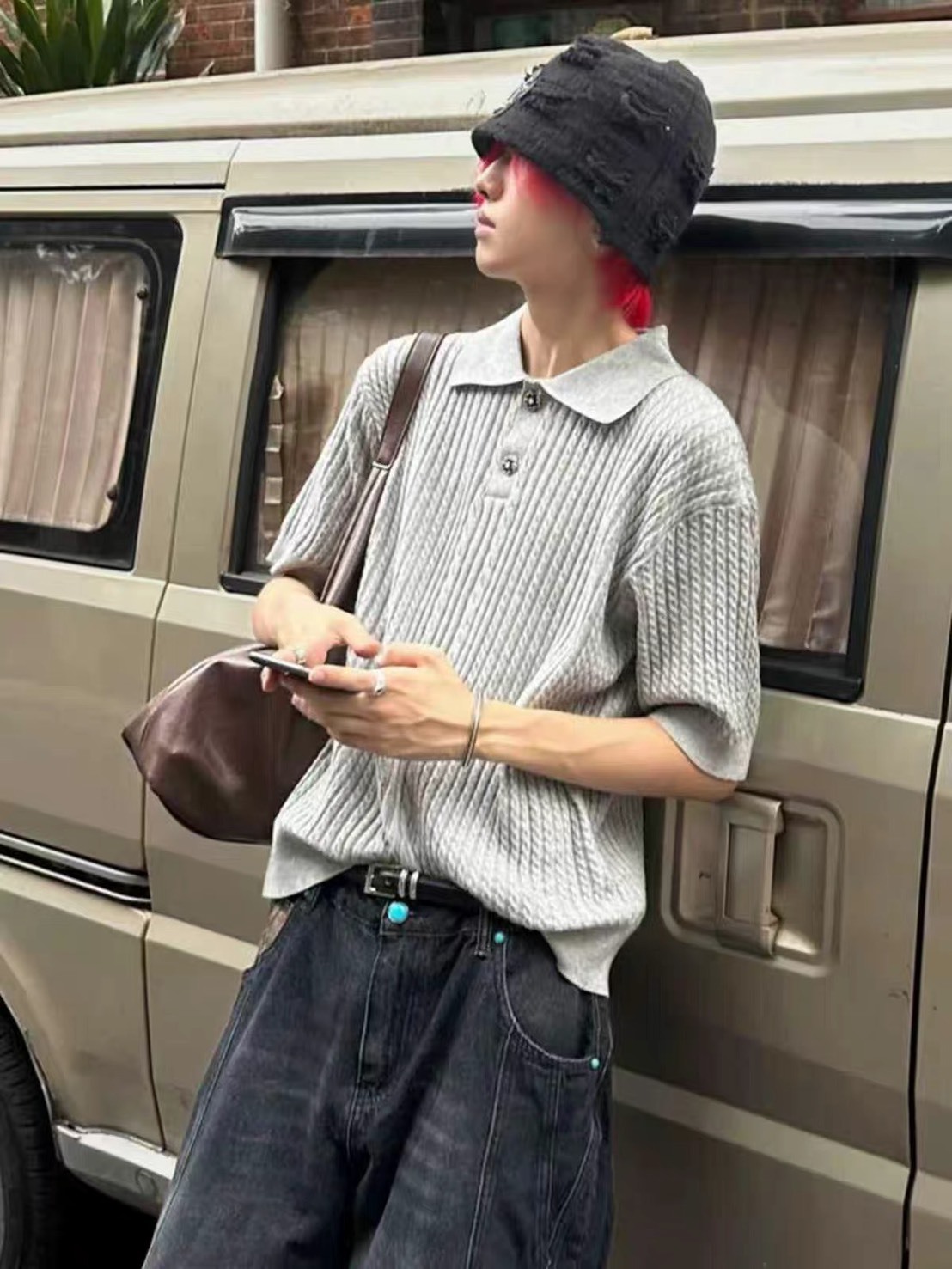 美式老錢風麻花紋polo領針織短袖