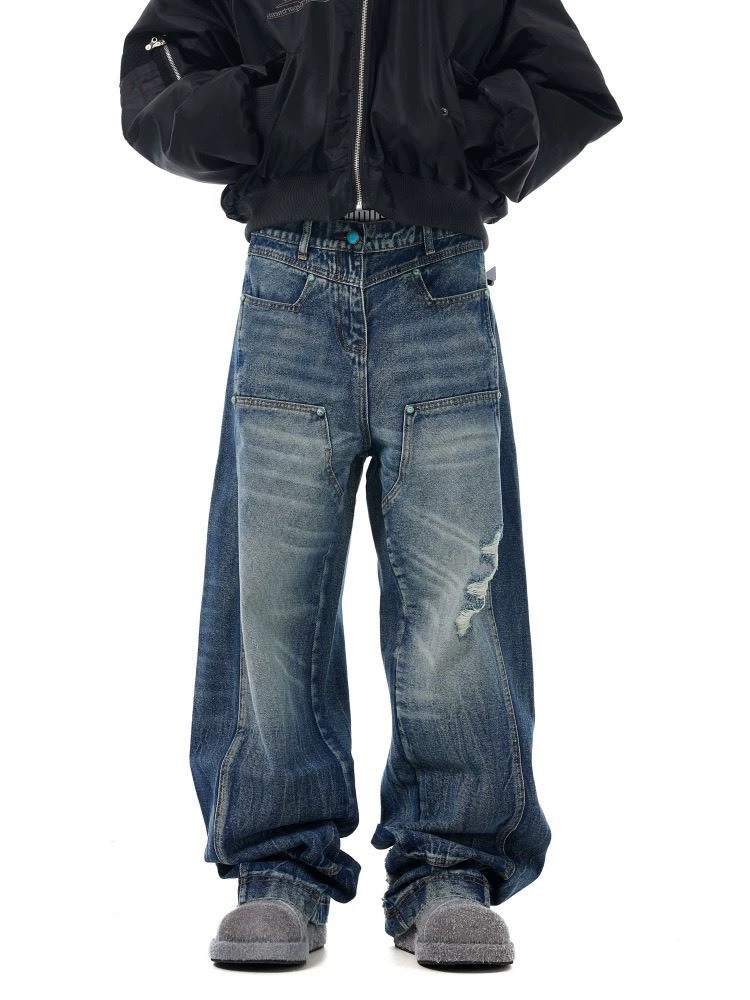 美式復古水洗波紋綠松石伐木闊腿牛仔褲