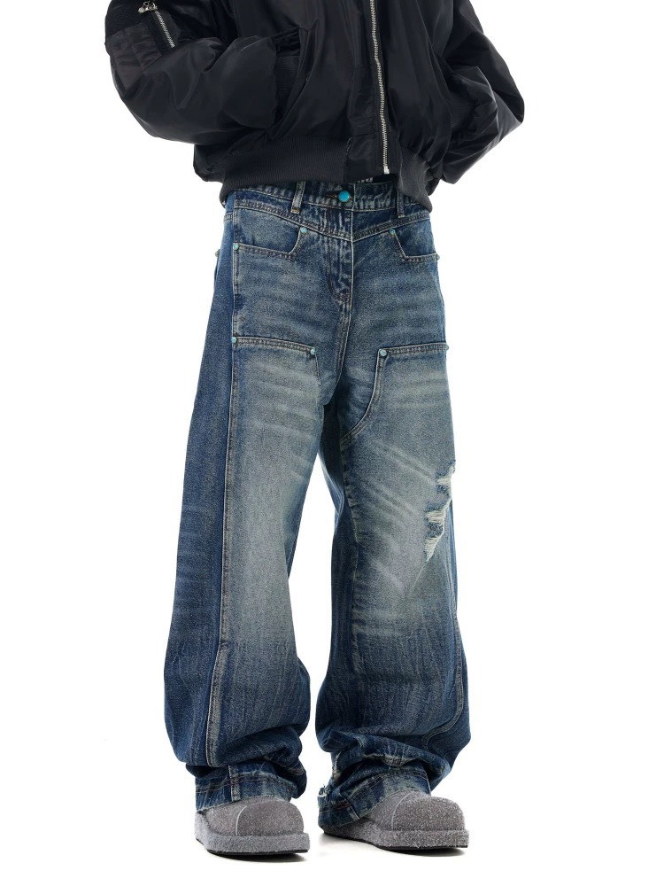 美式復古水洗波紋綠松石伐木闊腿牛仔褲