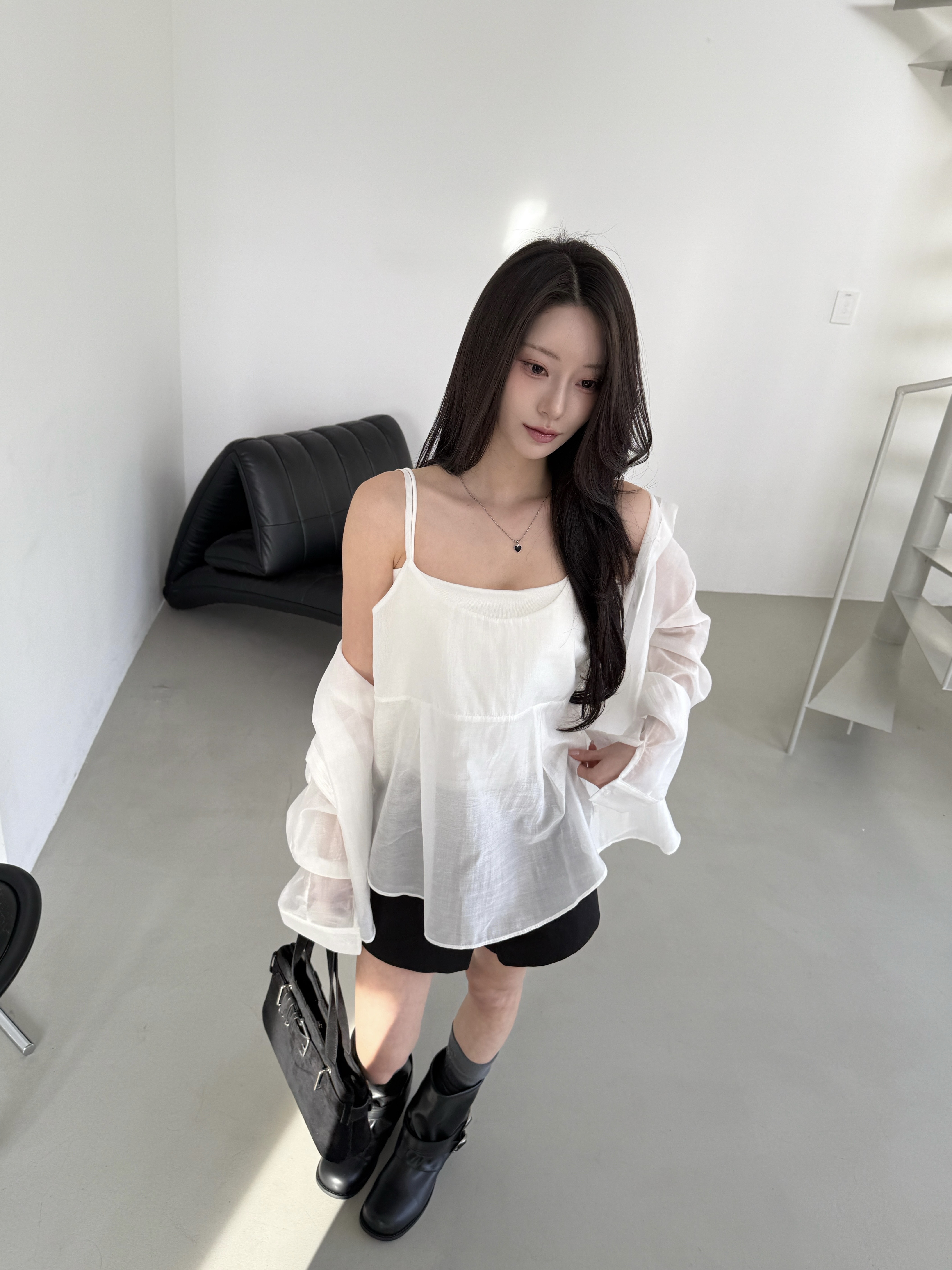 N15 水光透明感襯衫+背心SET (純白)