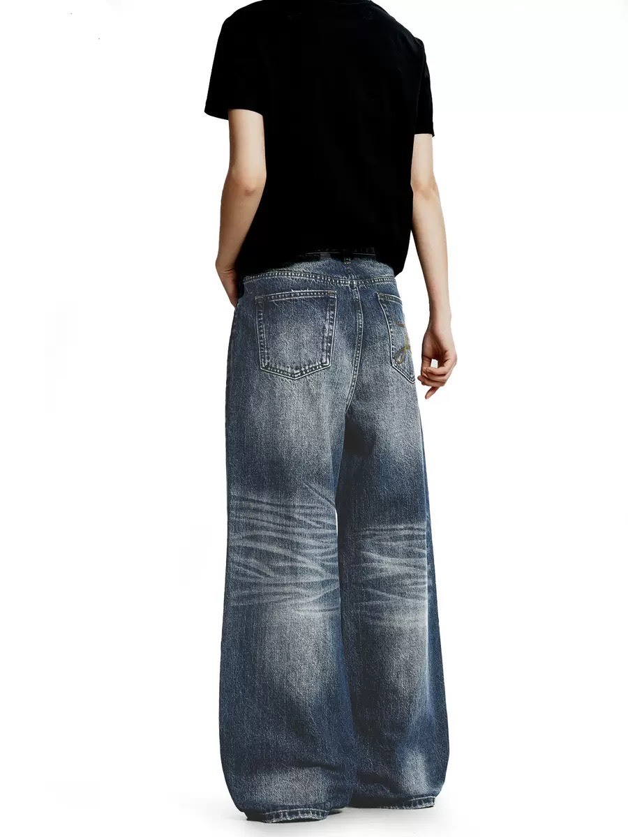 美式復古水洗刺繡立體貓須顯瘦直筒牛仔褲