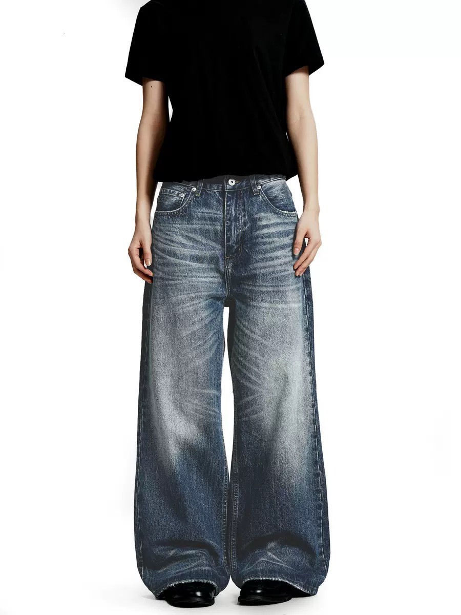 美式復古水洗刺繡立體貓須顯瘦直筒牛仔褲