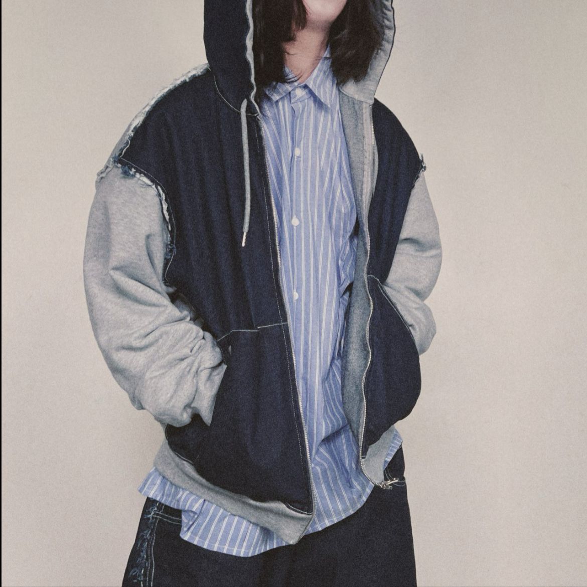 拼牛仔連帽拉鍊外套 TAC-0420JK