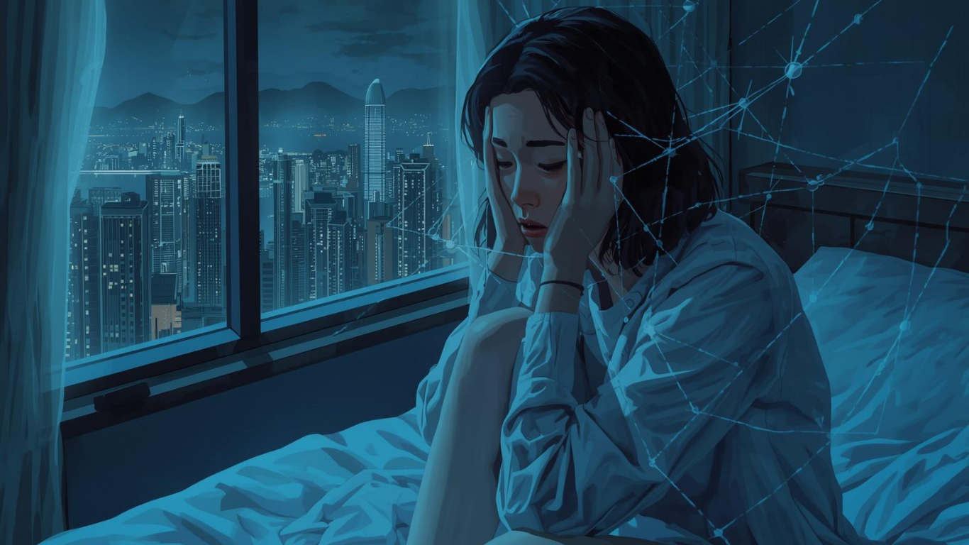 一位疲憊的香港上班族坐在窗邊,窗外是擁擠的城市夜景,身體周圍有細線交織成網狀,象徵壓力束縛。