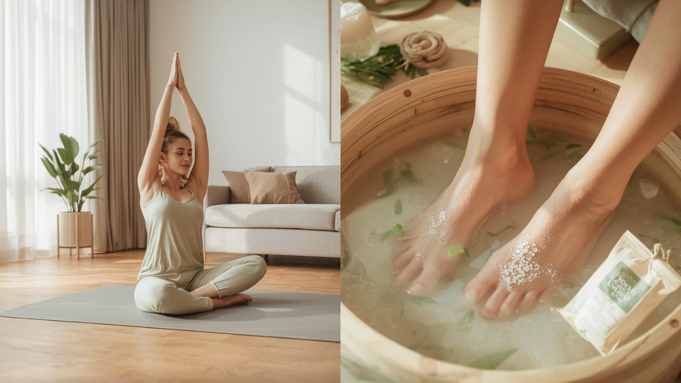 一位女性在家中練習輕柔瑜伽,旁邊另一組畫面顯示泡腳與肩頸按摩。