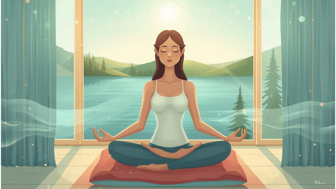 一位女性在窗邊閉眼冥想,背景有海浪與森林的意象環繞。