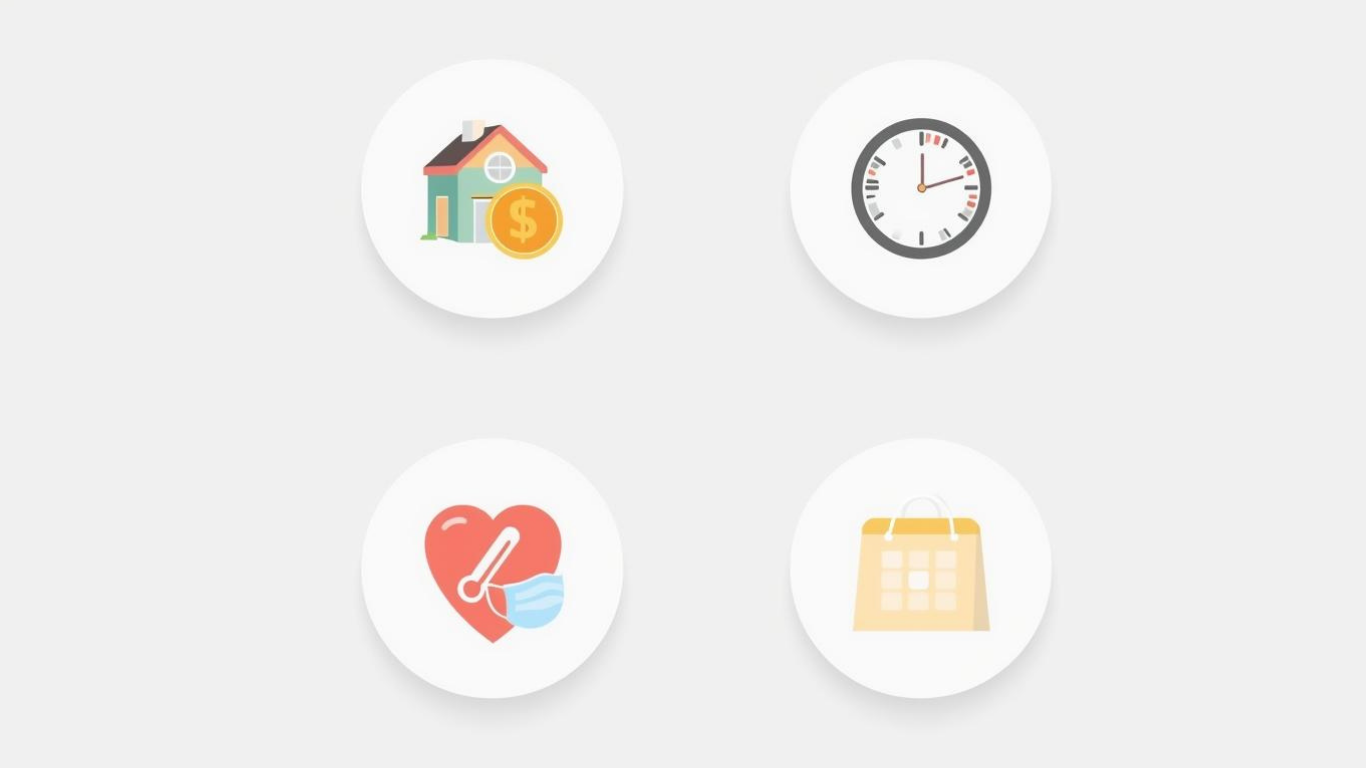 A clean infographic-style illustration with four circular icons arranged in a grid. Each icon represents a stress source: 1) a Hong Kong dollar coin and a small house, 2) a laptop with a clock showing late hours, 3) a heart with a thermometer and a face mask, 4) a shopping bag and calendar.