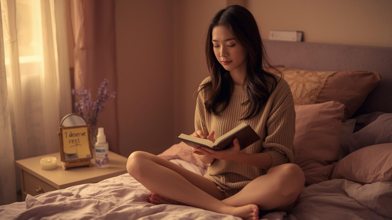 A warm and cozy bedroom scene featuring a young Asian woman sitting cross-legged on a bed. She is holding a journal and pen, writing with a peaceful expression. On the bedside table: a small mirror with a sticky note that says “I deserve rest”, a lavender flower water spray bottle, and a lit candle.