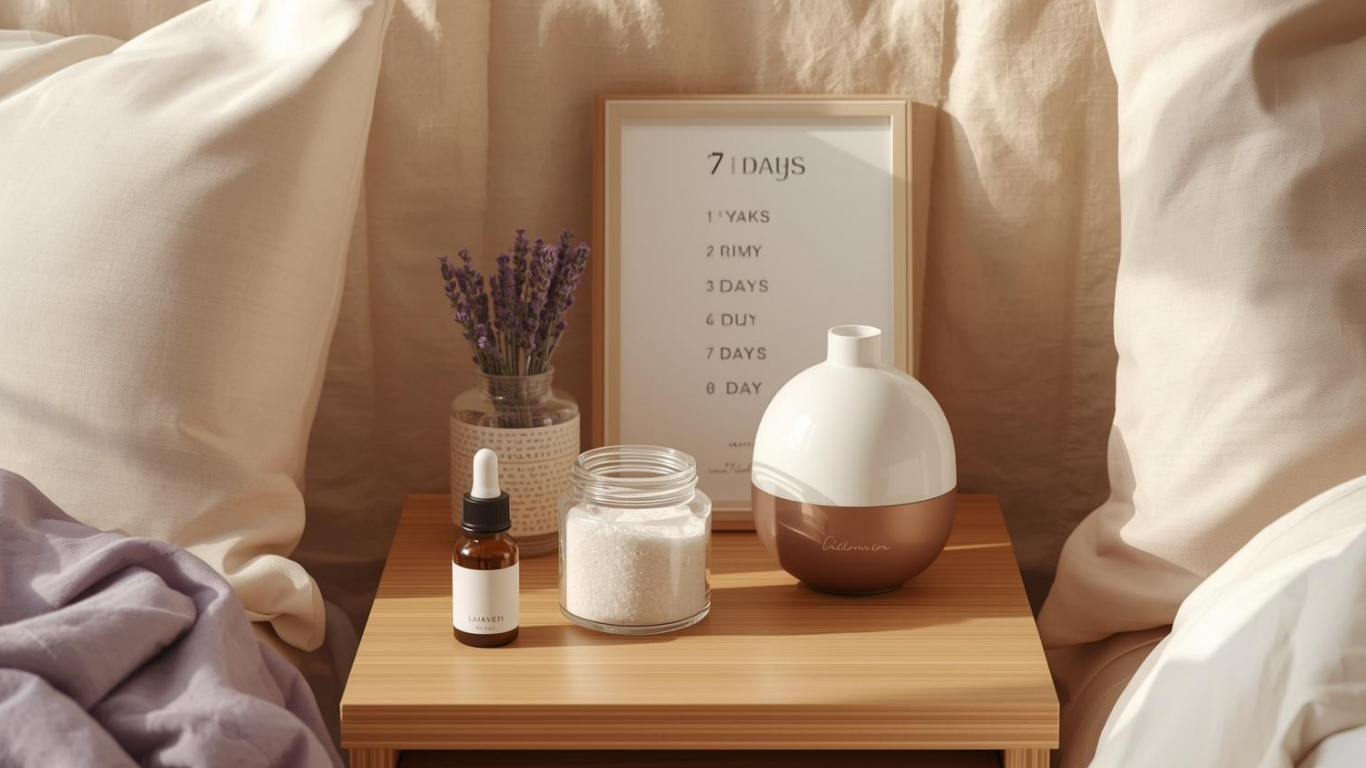 Flat lay photography style illustration. On a wooden nightstand: a small bottle of lavender essential oil, a glass jar of bath salts, a dropper bottle of facial oil, and a ceramic diffuser. In the background, a minimal checklist with 7 days written in elegant typography partially visible.