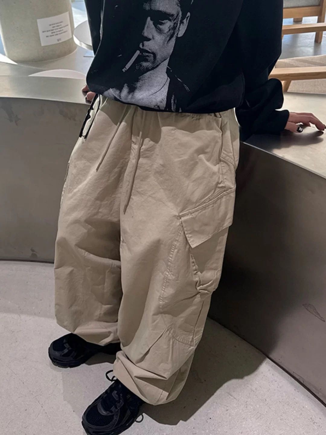 淨色可束腳工裝鬆身褲 GATHER-062P